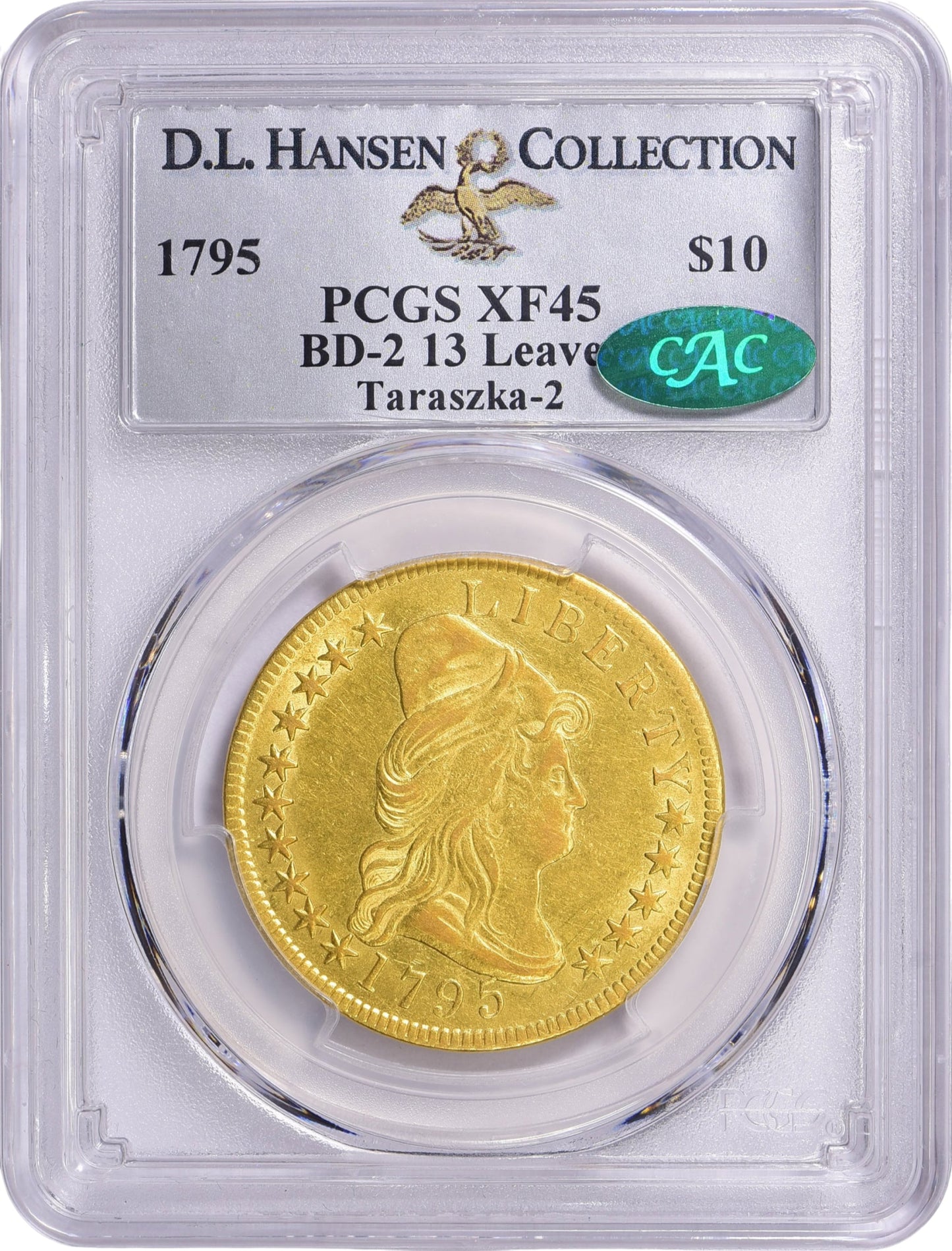 1795 $10 13 LEAVES XF45 PCGS CAC $10 HOLDER WITH GREEN CAC STICKER