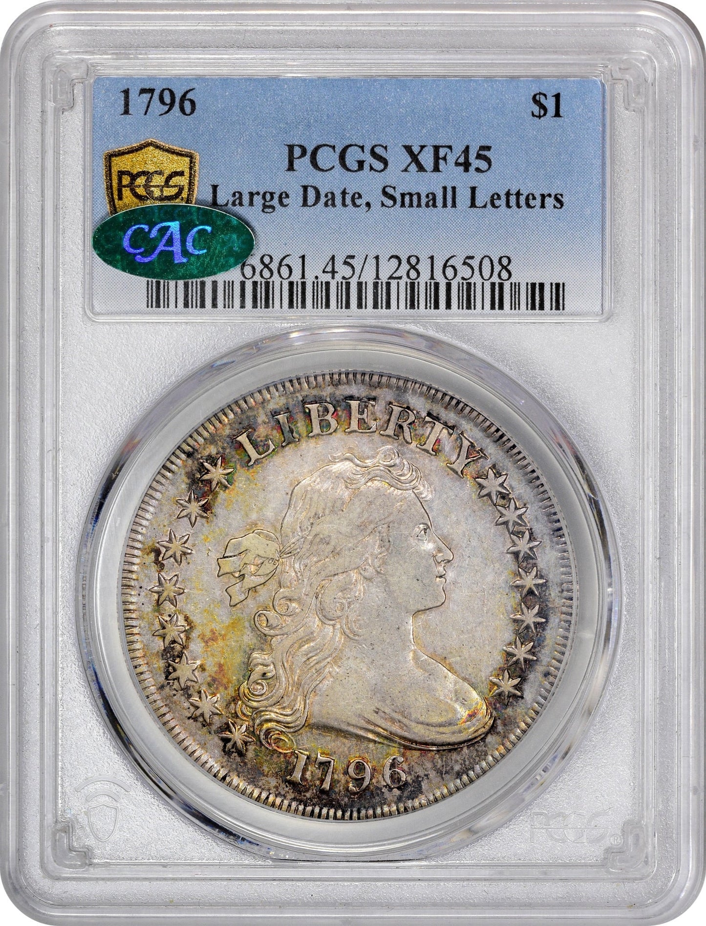 1796 $1 LG DT SM LT XF45 PCGS CAC $1 HOLDER WITH CAC GREEN STICKER