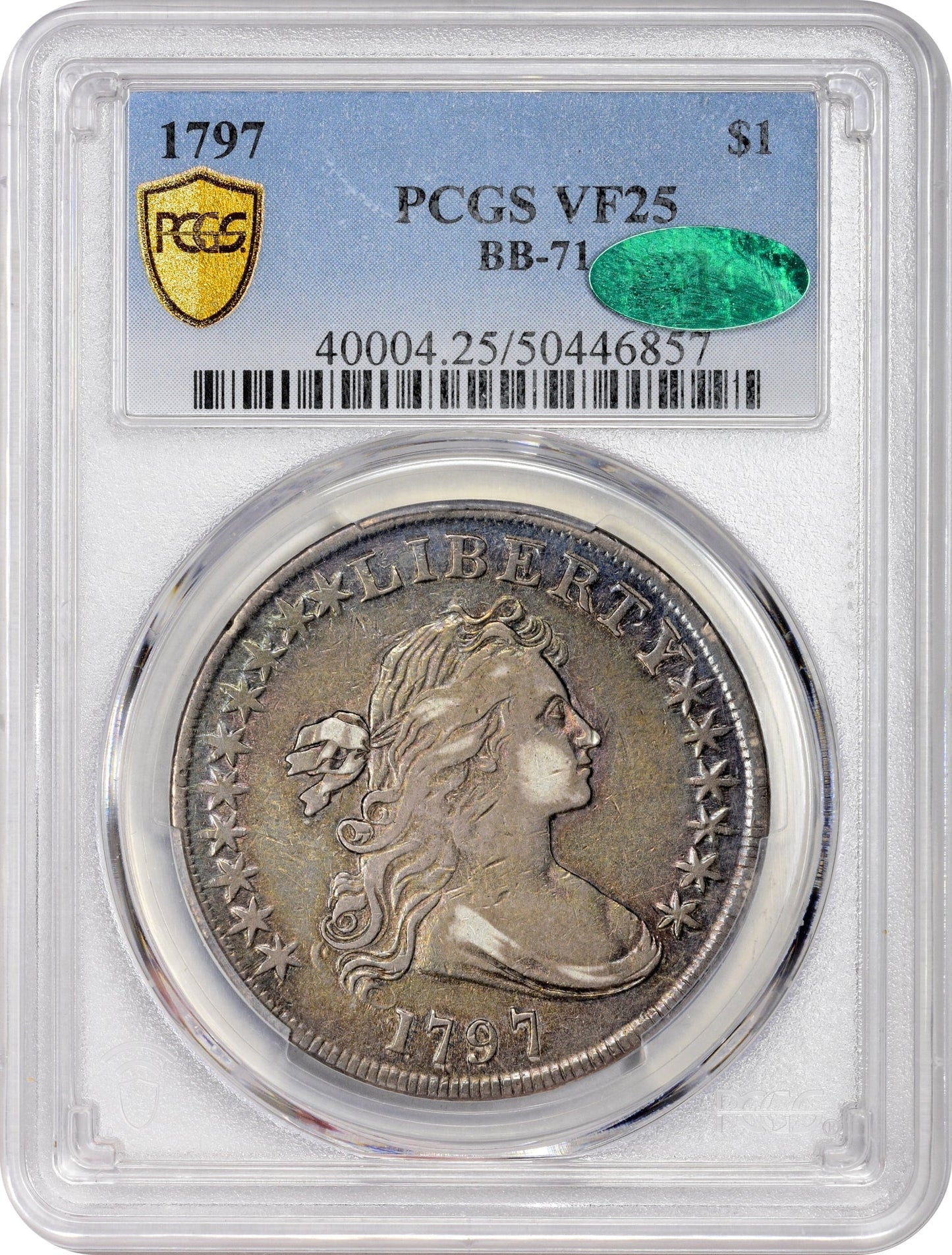 1797 $1 10X6 LG LETTERS VF25 PCGS CAC HOLDER WITH CAC STICKER