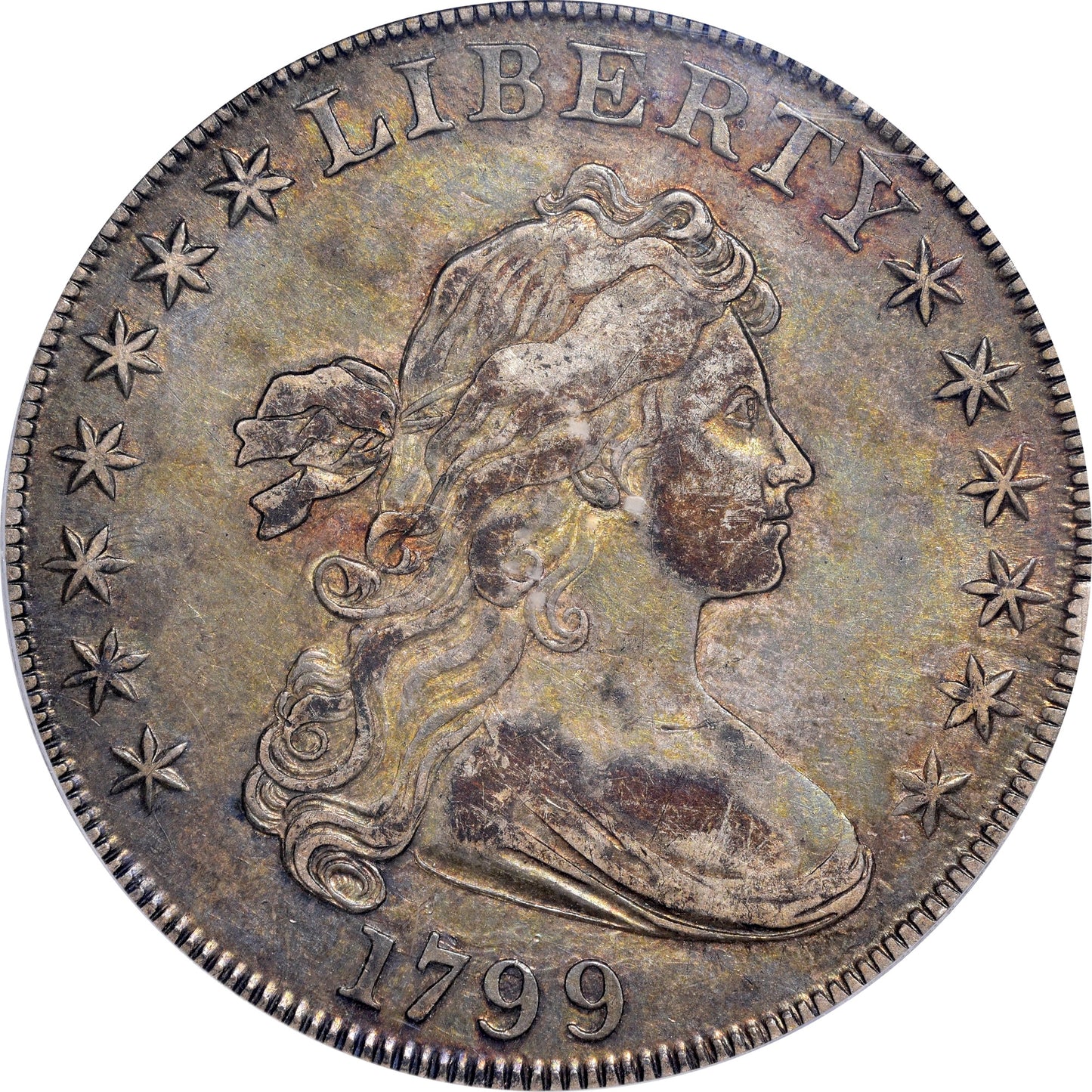 A 1799 Draped Bust Silver Dollar with Liberty's profile on the obverse and an eagle reverse design, graded VF35 by PCGS and approved by CAC.