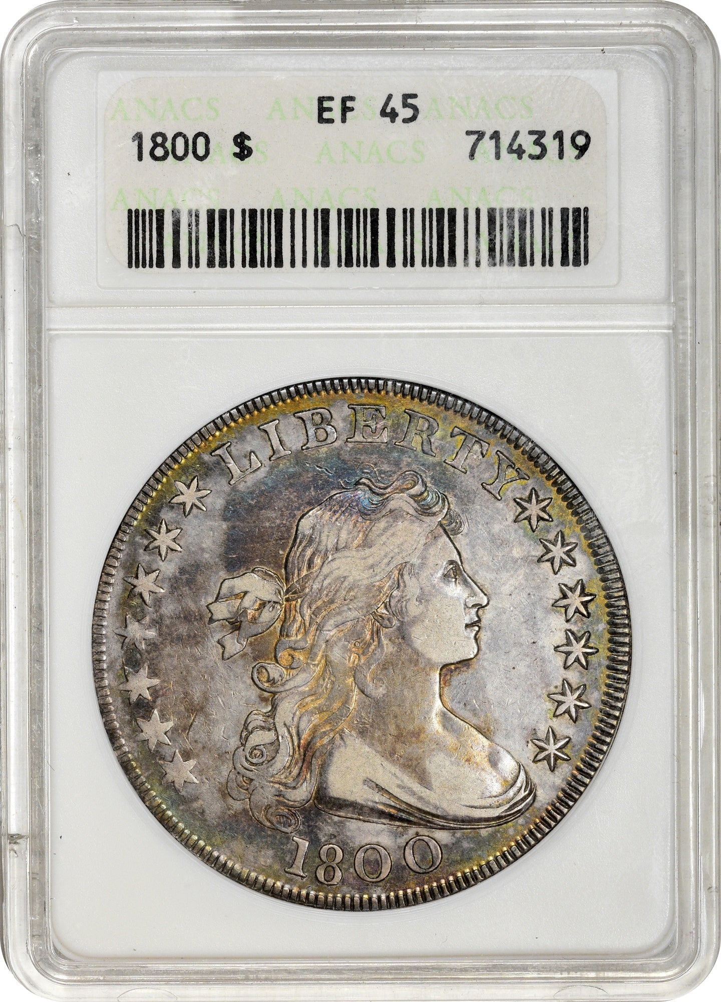 1800 $1 WIDE DATE, LOW 8 XF45 OH ANACS HOLDER