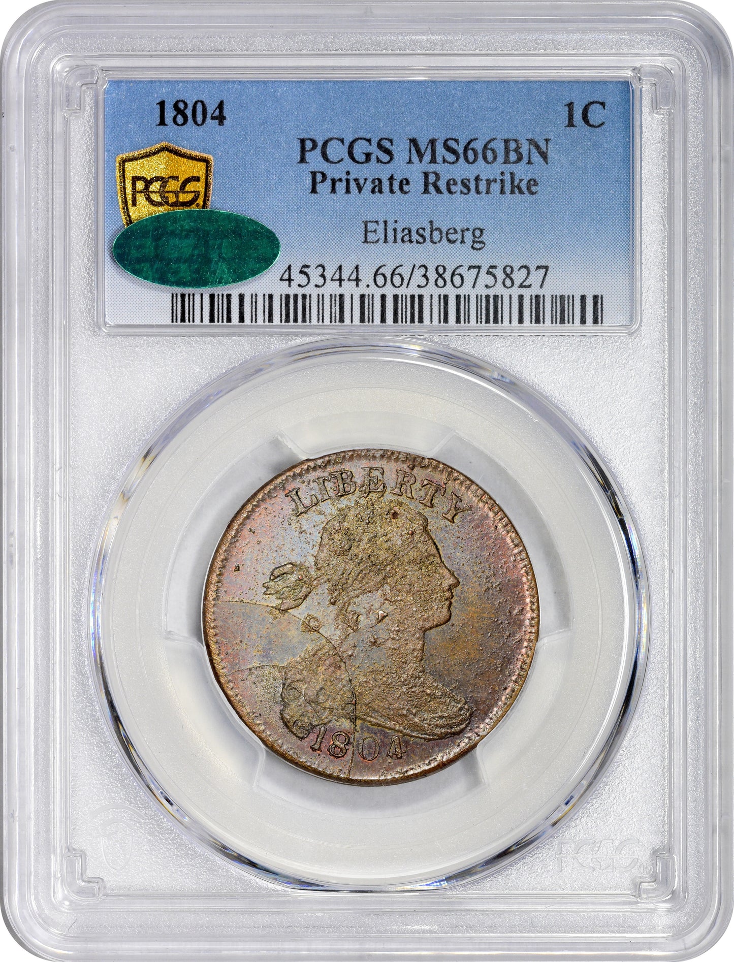 1804 1C PRIVATE RESTRIKE MS66 BN PCGS CAC EX ELIASBERG with PCGS certification label in a protective case