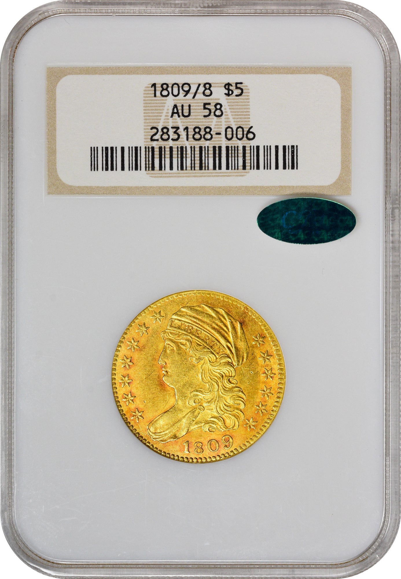 1809/8 $5 AU58 NGC OH CAC HOLDER WITH CAC STICKER