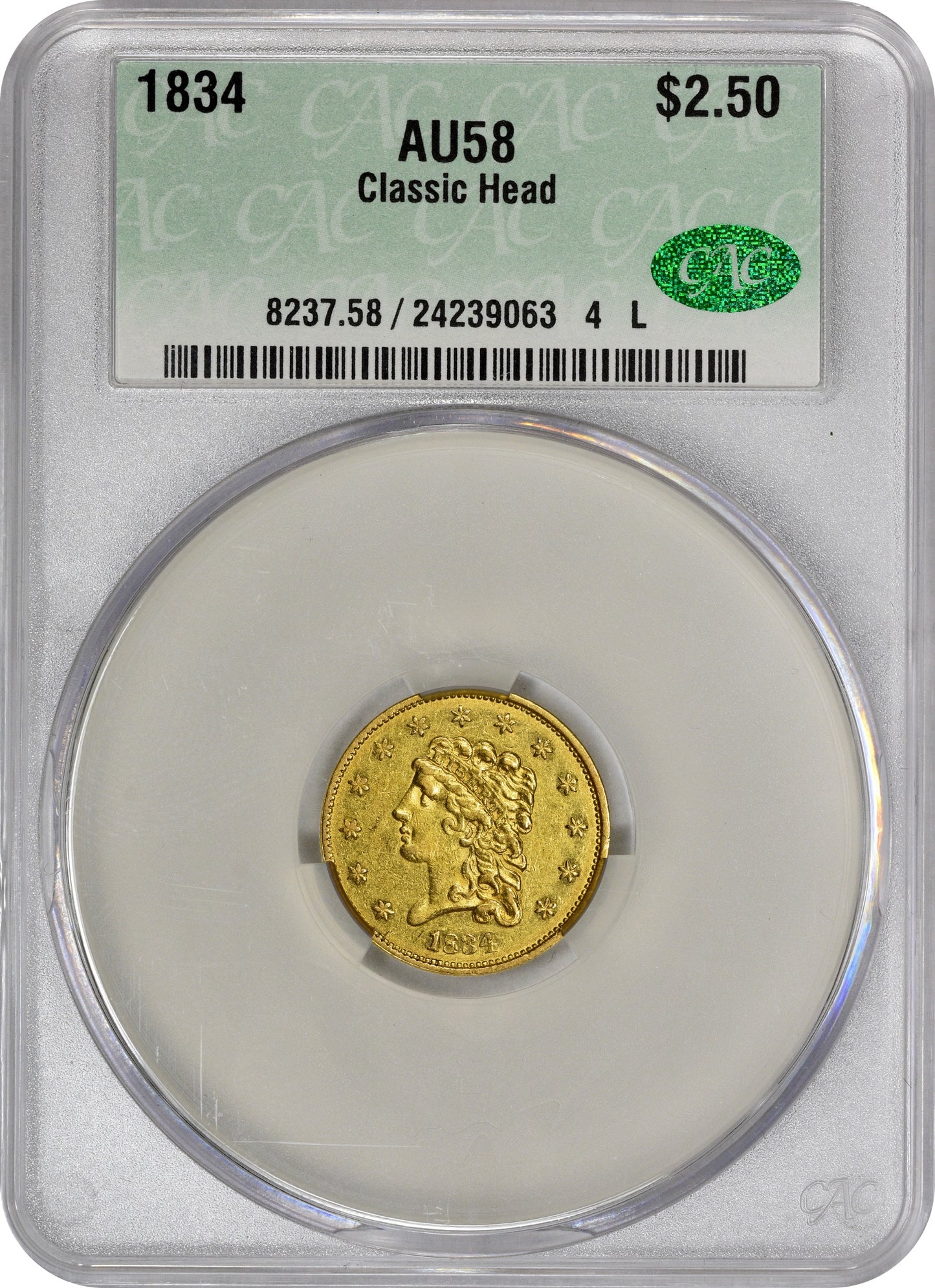 1834 $2.5 CLASSIC HEAD AU58 CACG