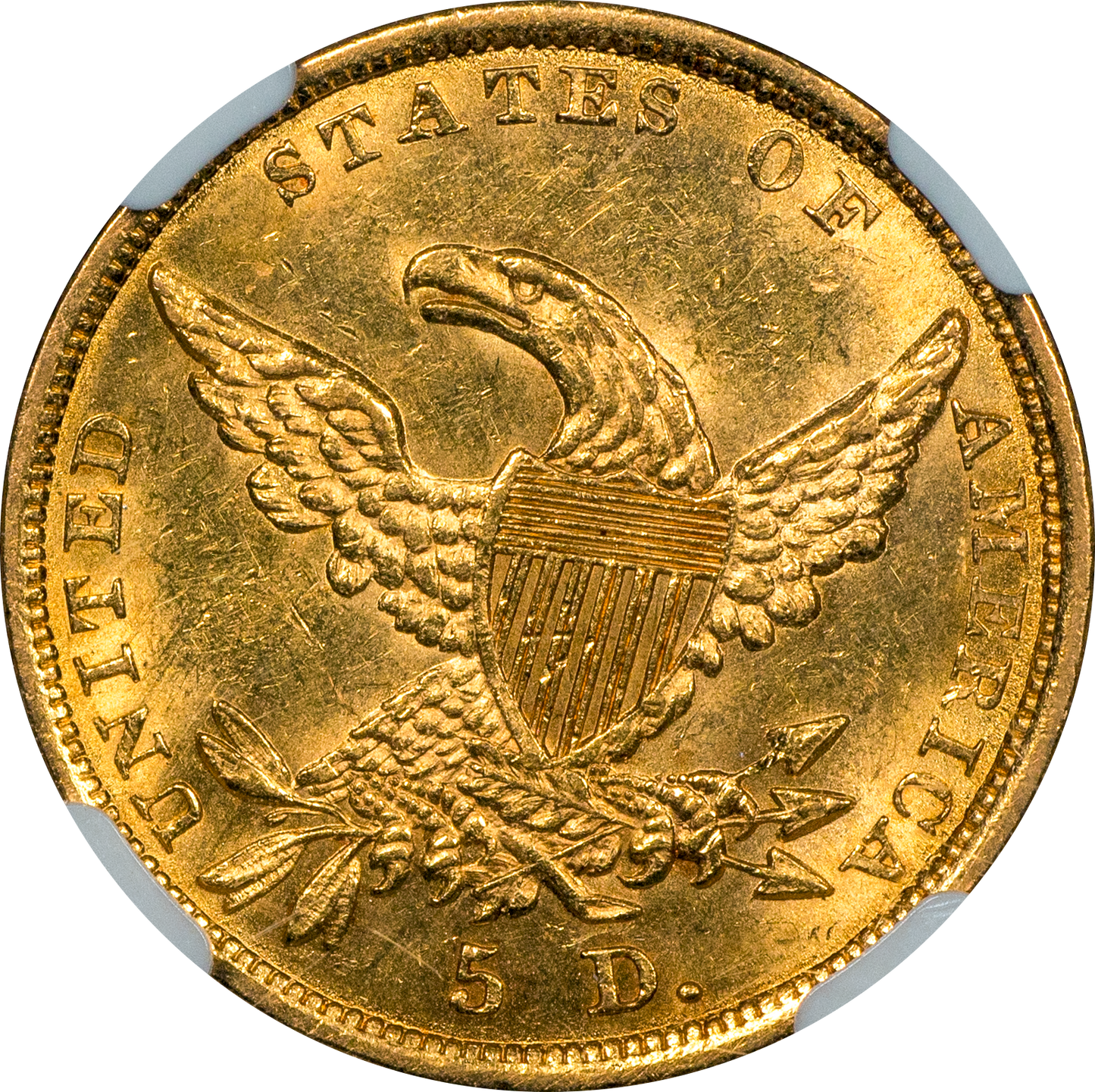 1836 Classic Head Half Eagle $5 Au58 Cacg Reverse