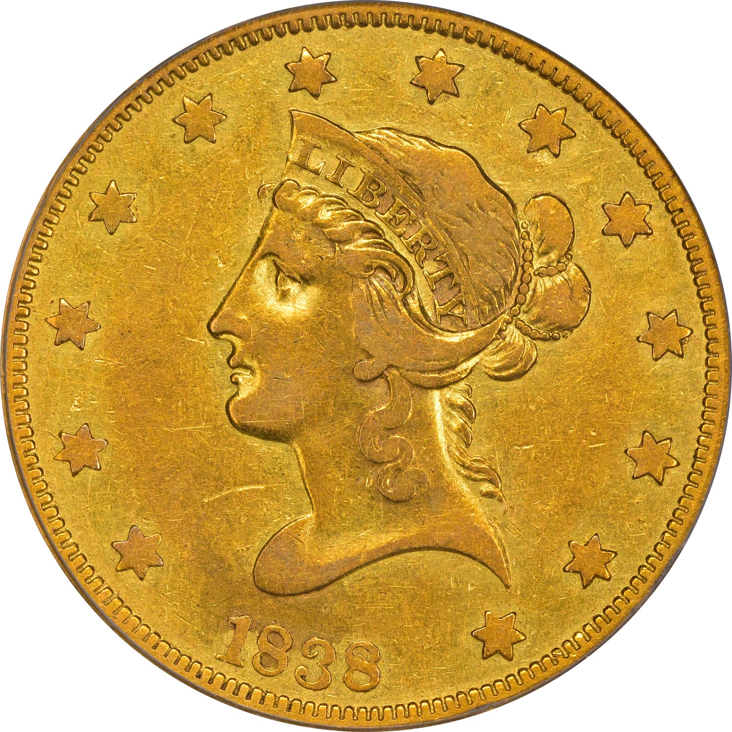1838 $10 VF25 OGH PCGS