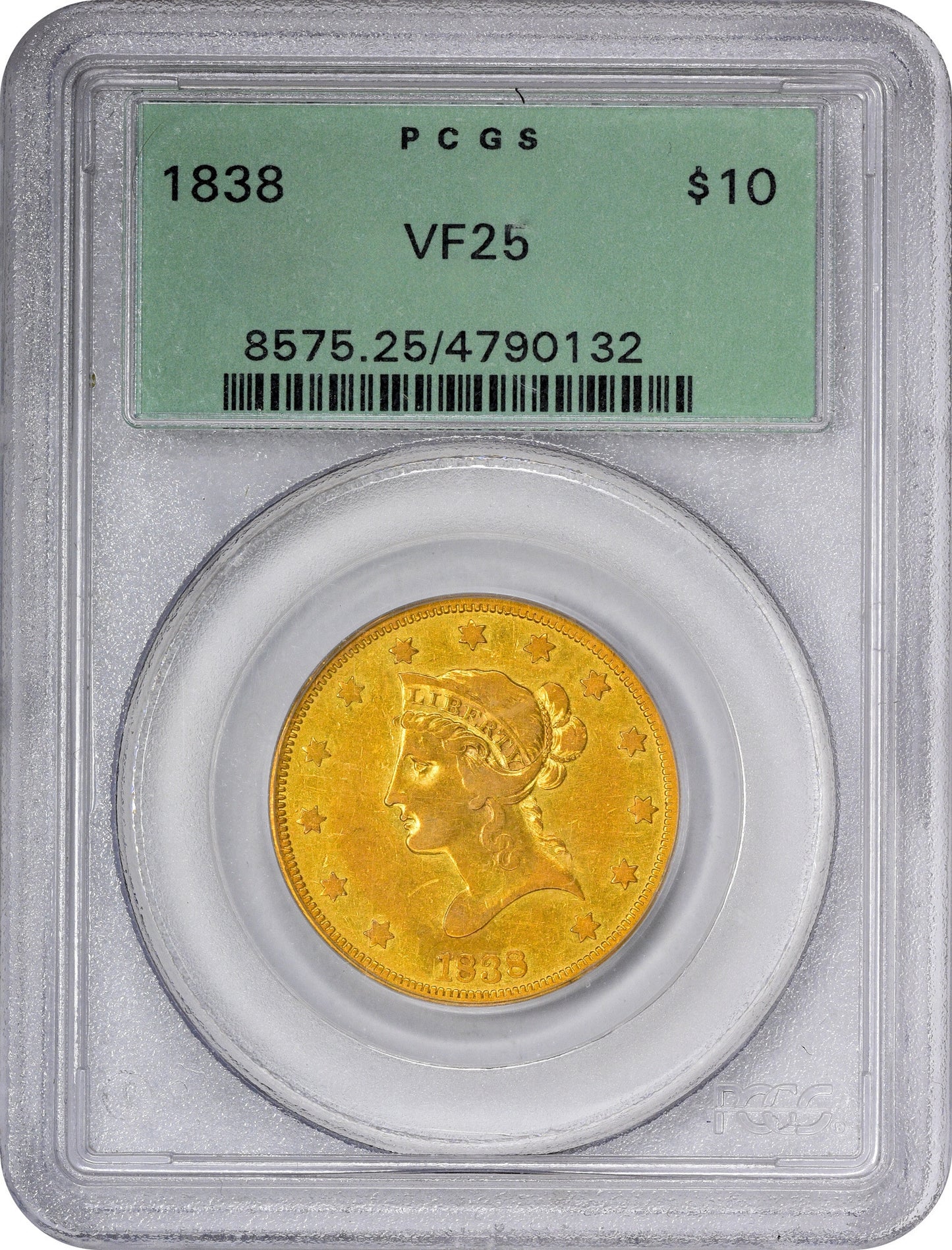 1838 $10 VF25 OGH PCGS HOLDER