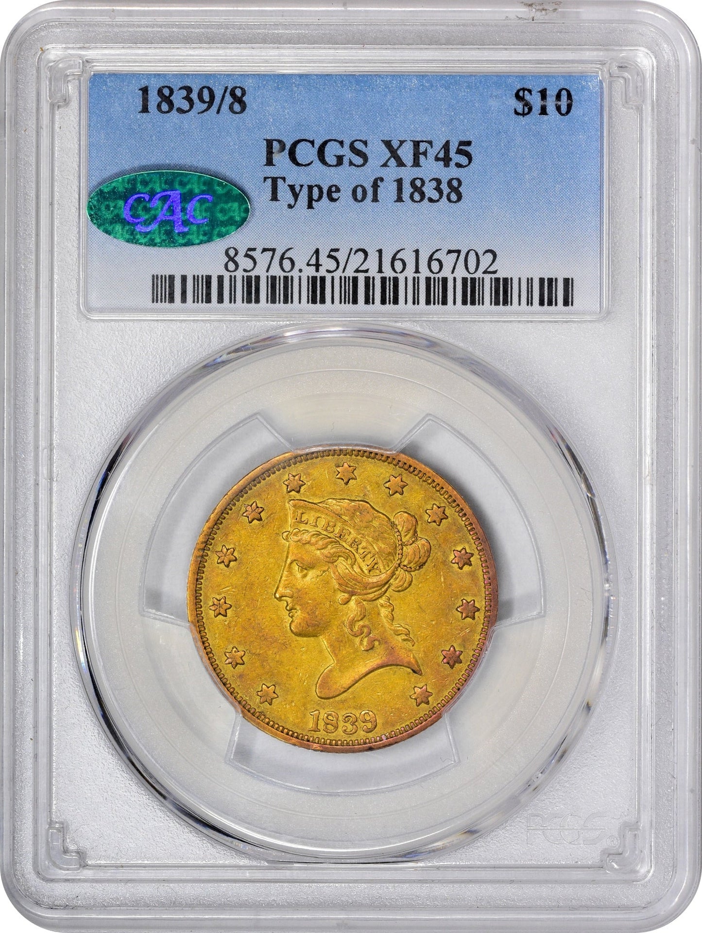 1839/8 $10 XF45 PCGS CAC $10