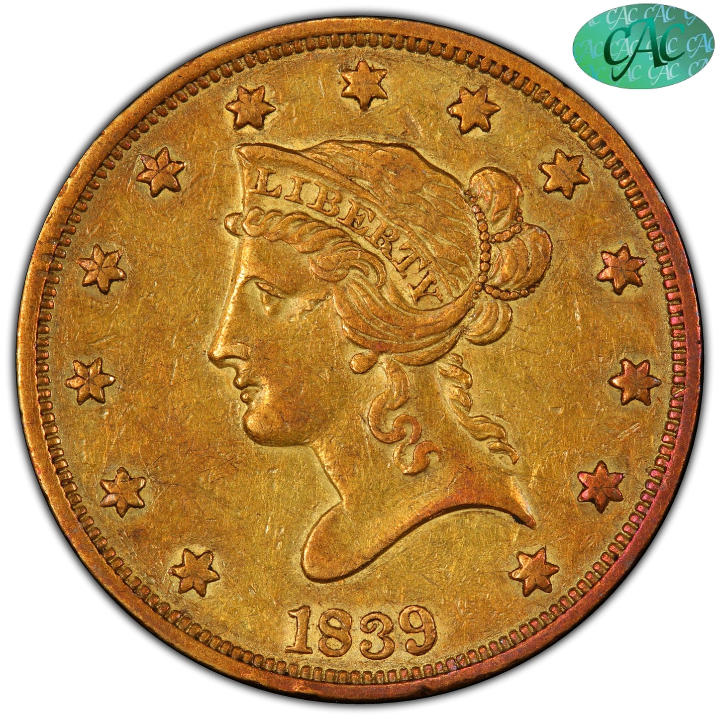 1839/8 $10 XF45 PCGS CAC $10