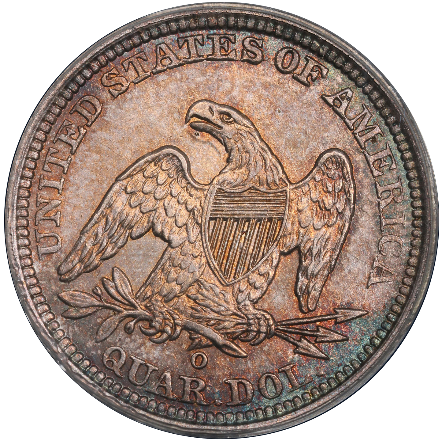 1840-O 25C DRAPERY AU55 PCGS GOLD CAC REVERSE