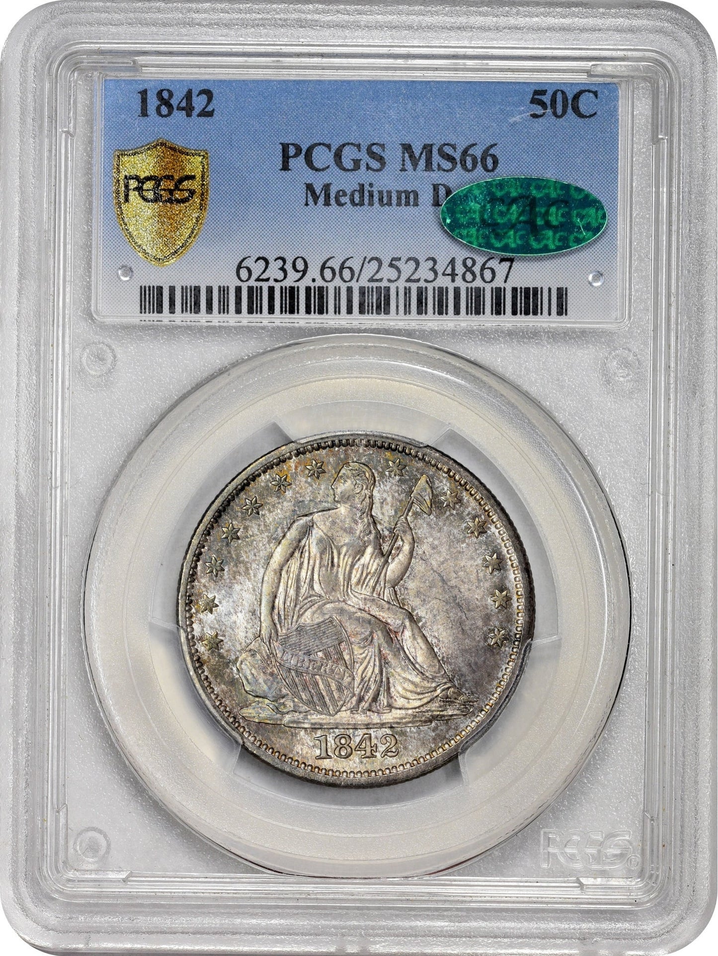 1842 50C MEDIUM DATE MS66 PCGS CAC 50C