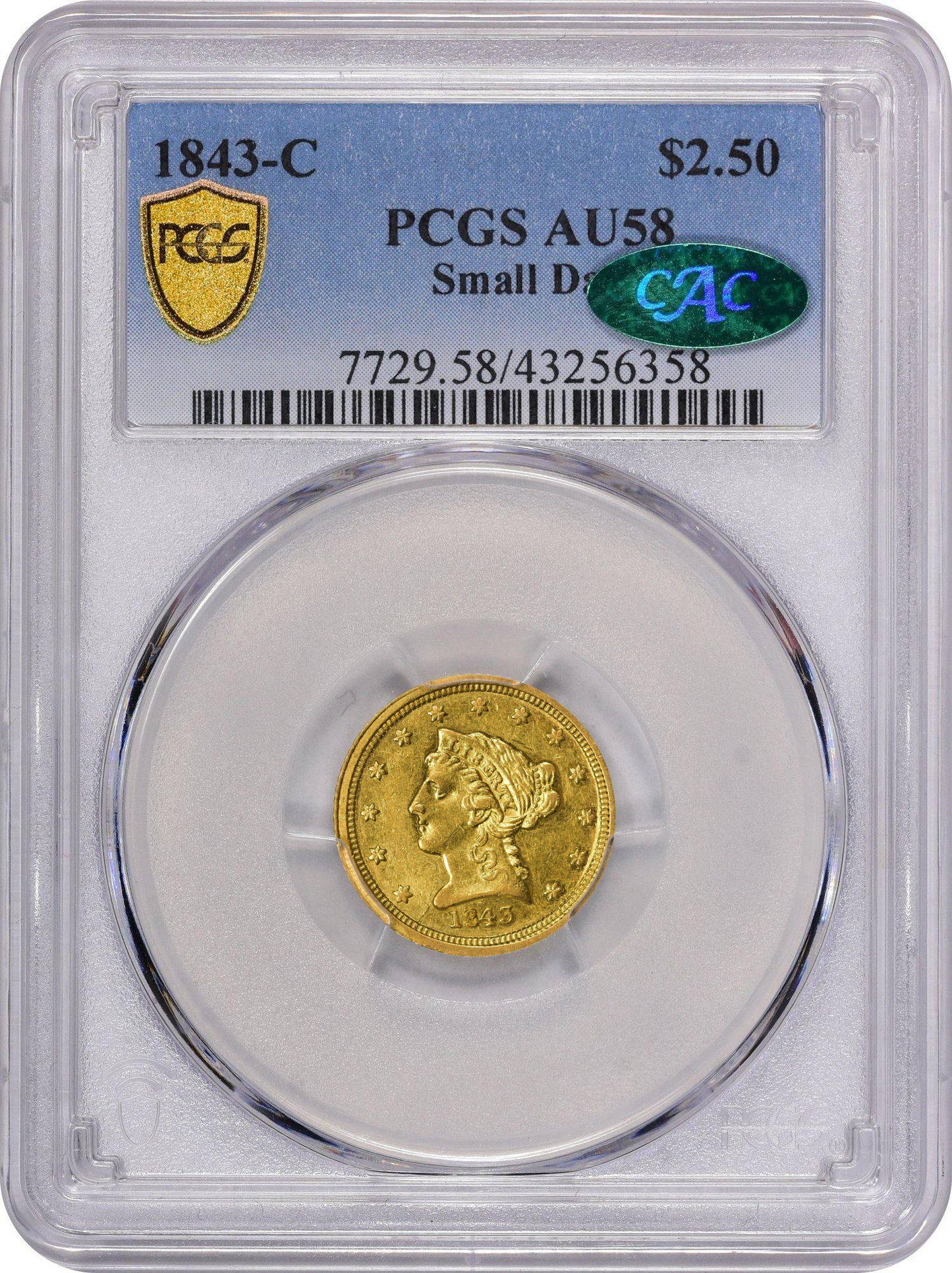 1843-C $2.5 SMALL DATE AU58 PCGS CAC - Paradime Coins | PCGS NGC CACG CAC Rare US Numismatic Coins For Sale