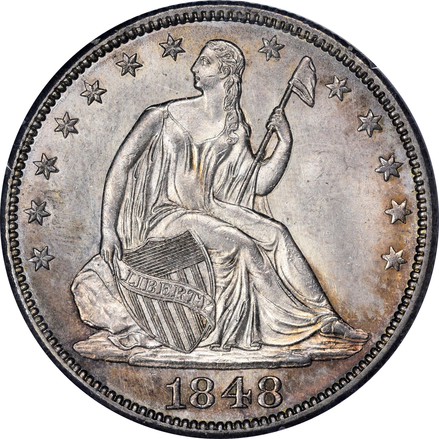 1848 50C MS64 OGH RATTLER PCGS CAC