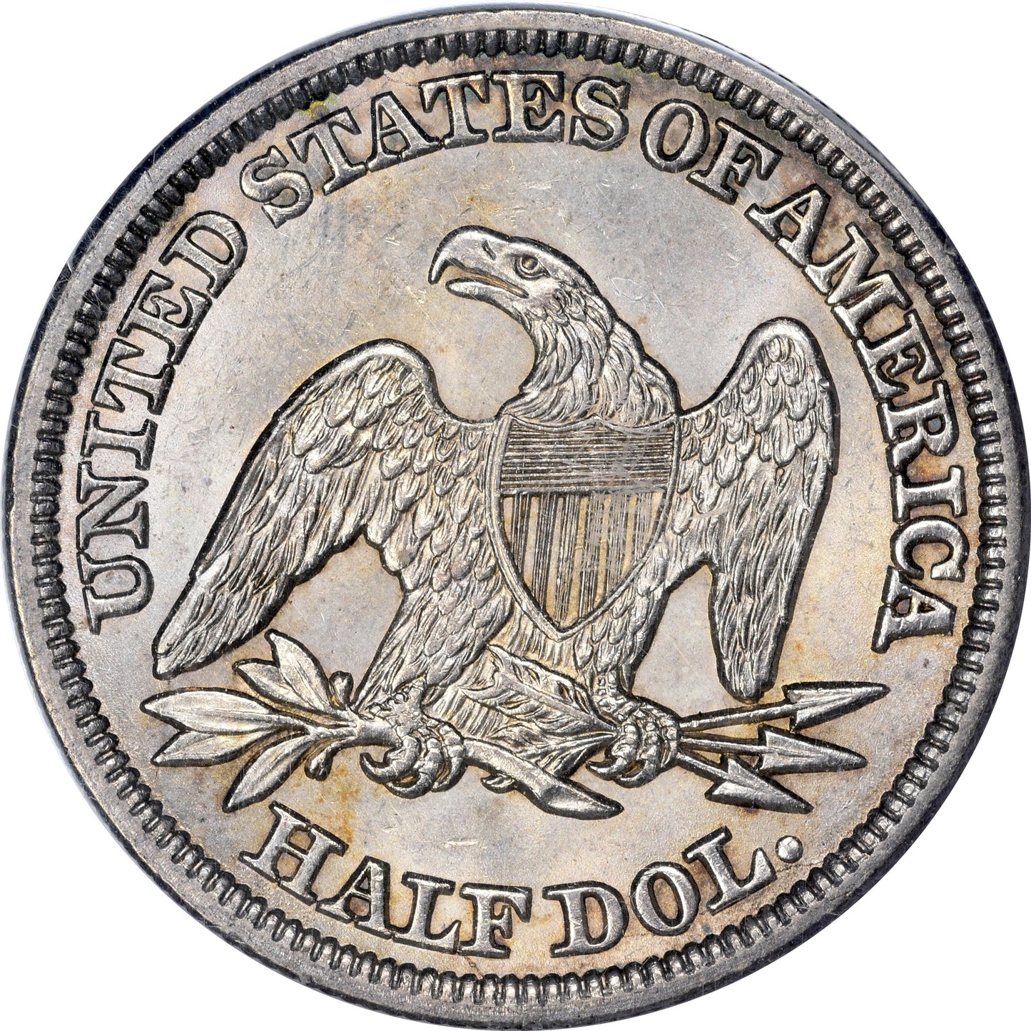 1848 50C MS64 OGH RATTLER PCGS CAC REVERSE