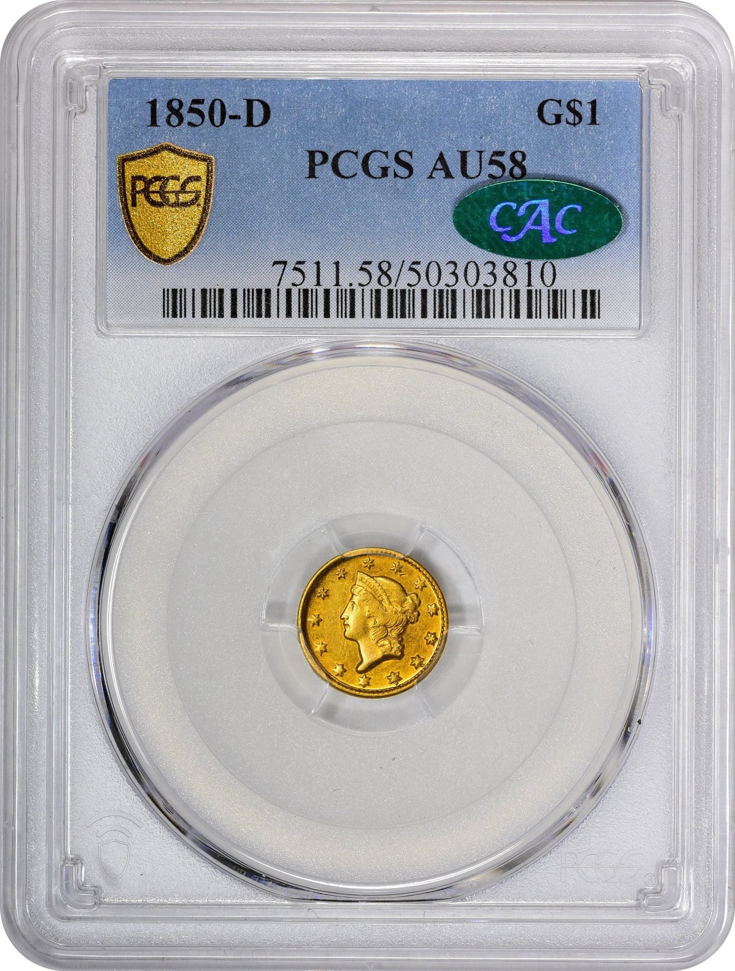 1850-D G$1 AU58 PCGS CAC HOLDER WITH CAC STICKER