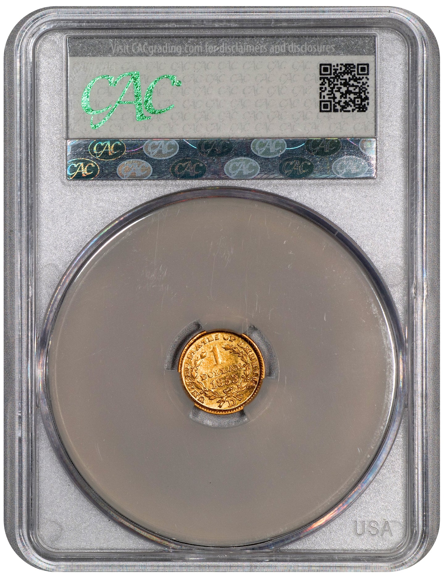 1853-D G$1 GOLD DOLLAR AU58+ CACG REVERSE HOLDER