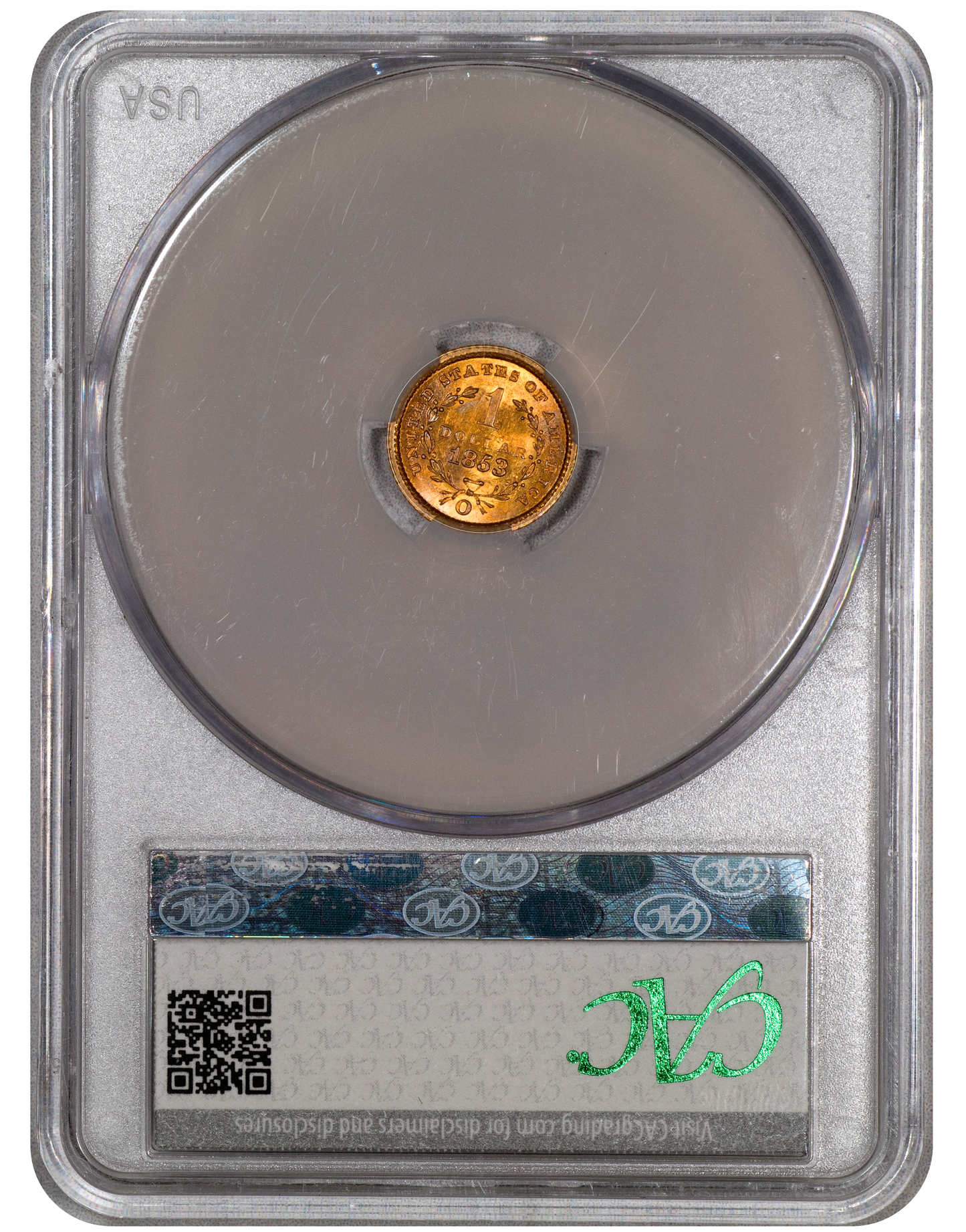 1853-O Gold Dollar G$1 MS64 CACG Reverse Holder