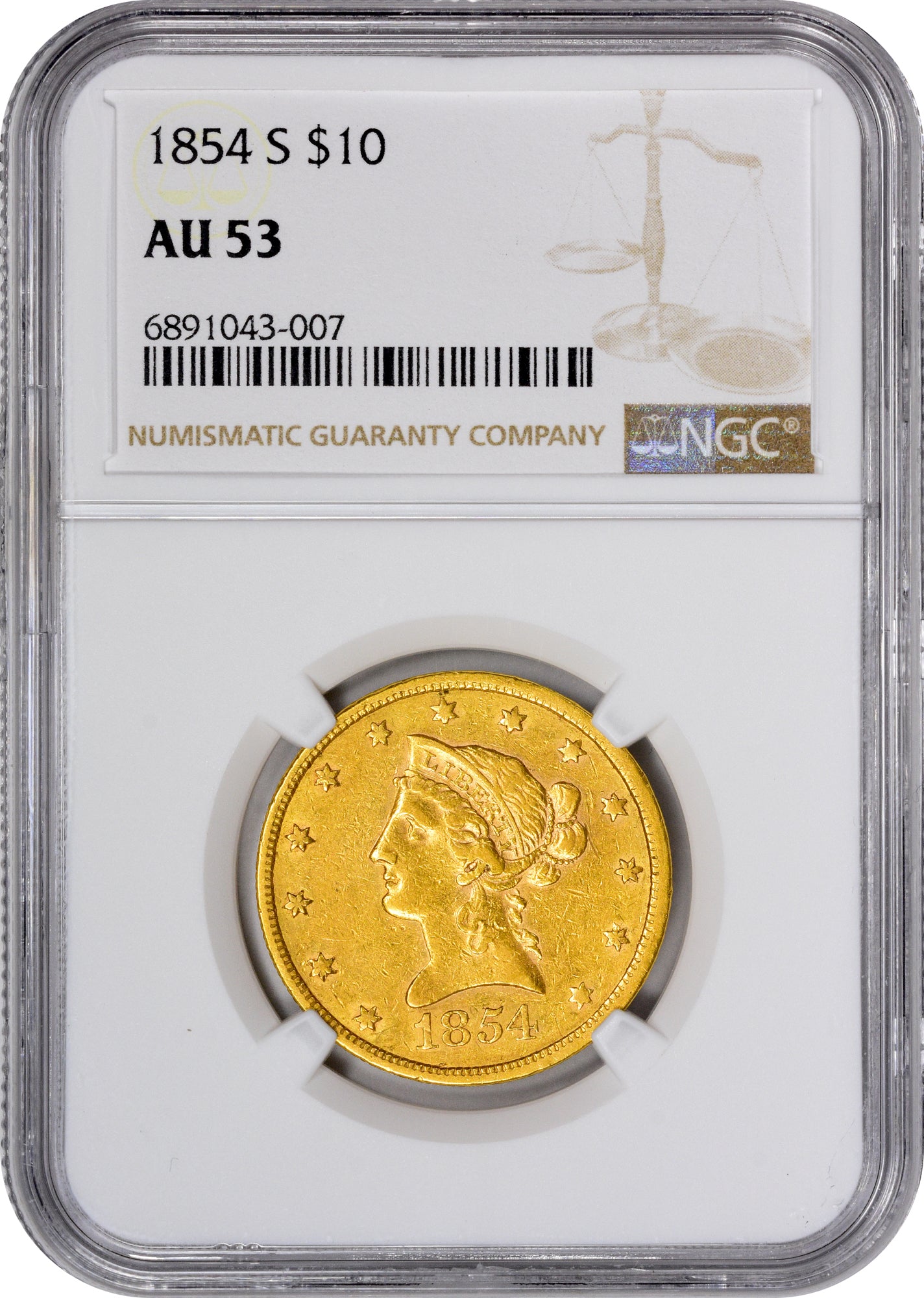 1854-S $10 AU53 NGC HOLDER