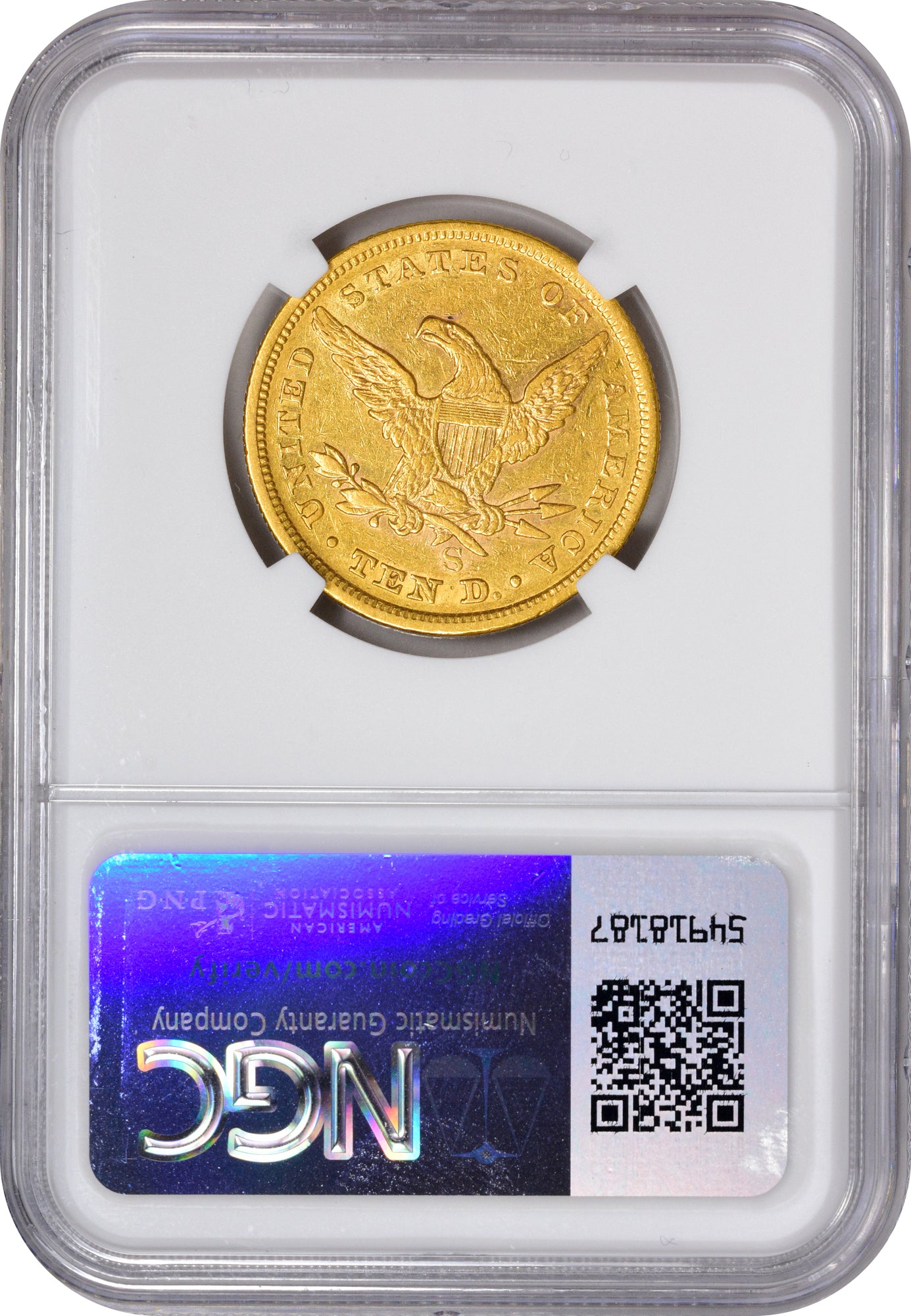 1854-S $10 AU53 NGC REV HOLDER