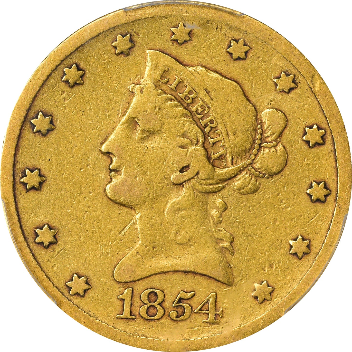 1854-S $10 F12 PCGS coin with the denomination and '1854' inscribed, featuring a portrait of an eagle and stars on the obverse.