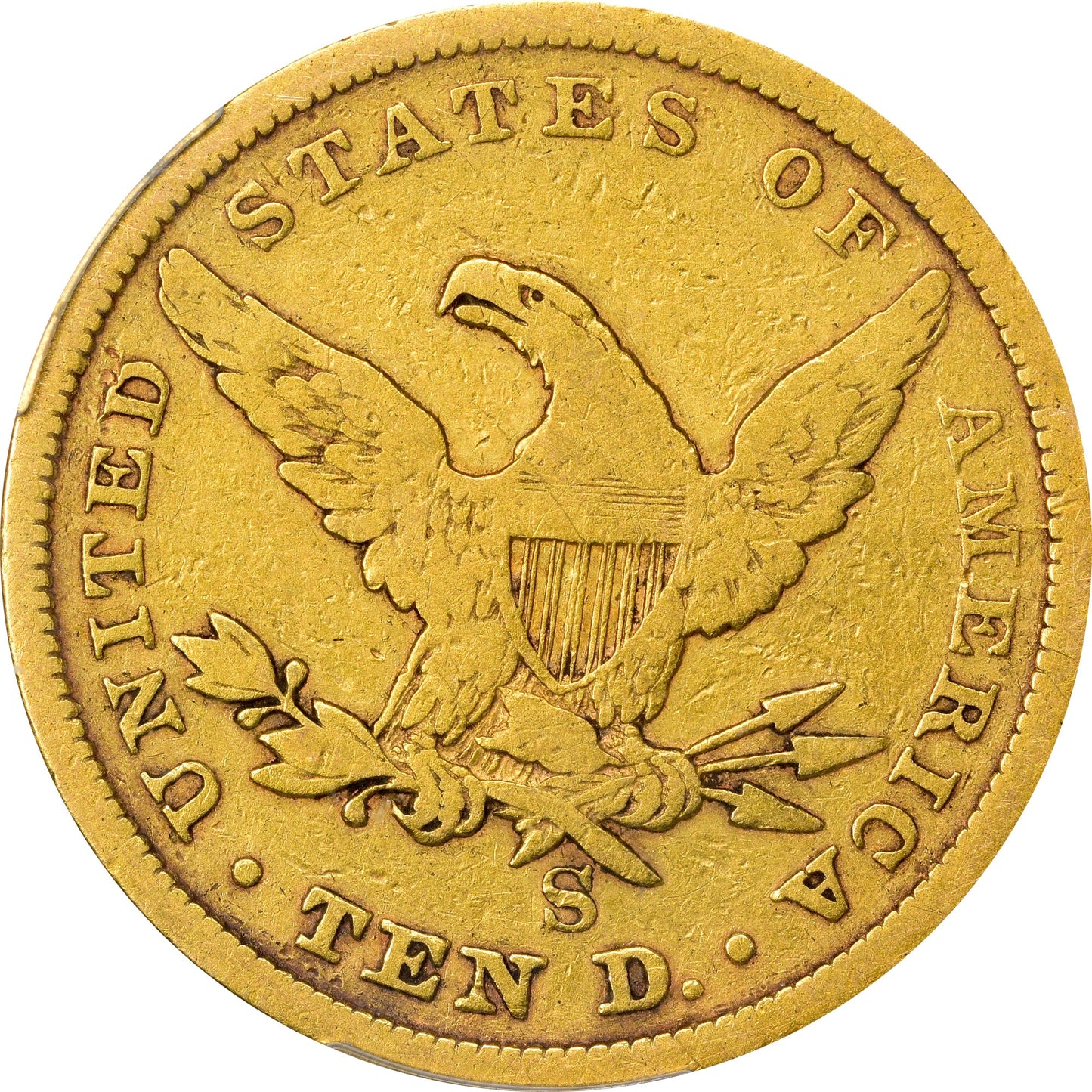 1854-S $10 F12 PCGS coin with the denomination and '1854' inscribed, featuring a portrait of an eagle and stars on the obverse.