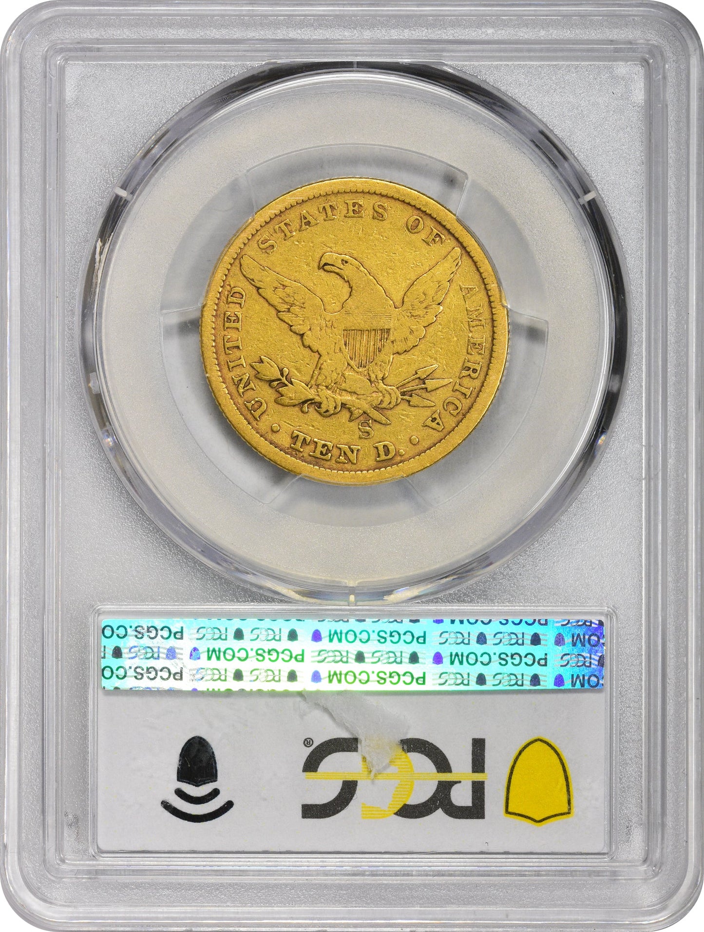 1854-S $10 F12 PCGS coin with the denomination and '1854' inscribed, featuring a portrait of an eagle and stars on the obverse.