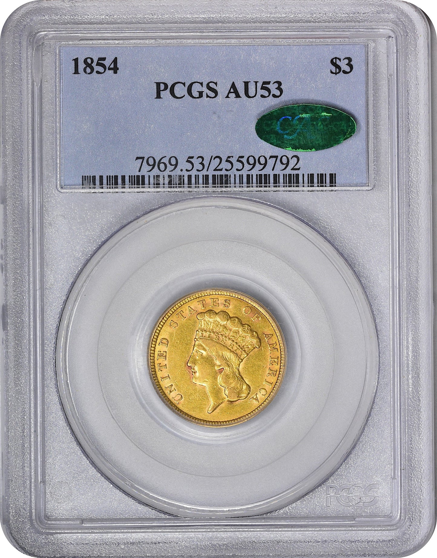 1854 $3 AU53 PCGS CAC HOLDER WITH CAC STICKER
