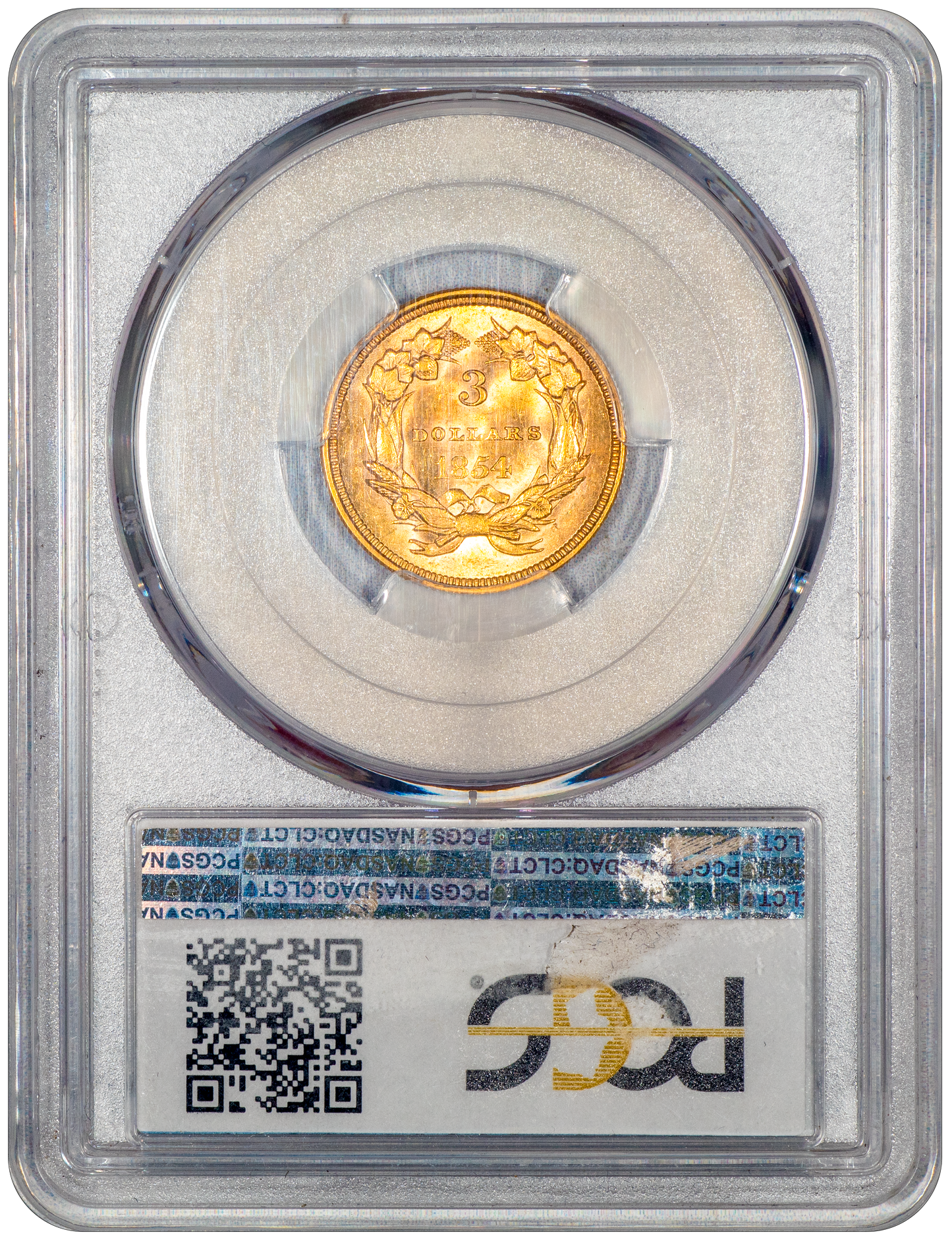 1854 $3 Indian Princess MS62 PCGS CAC EX STAR CITY REVERSE HOLDER
