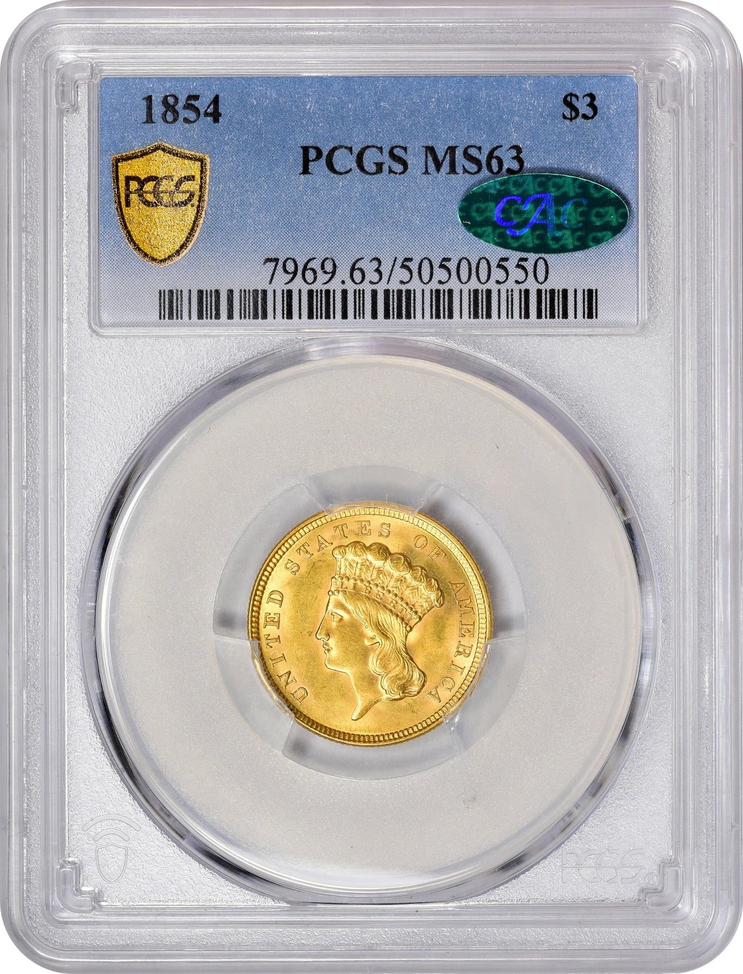 1854 $3 MS63 PCGS CAC HOLDER WITH CAC STICKER