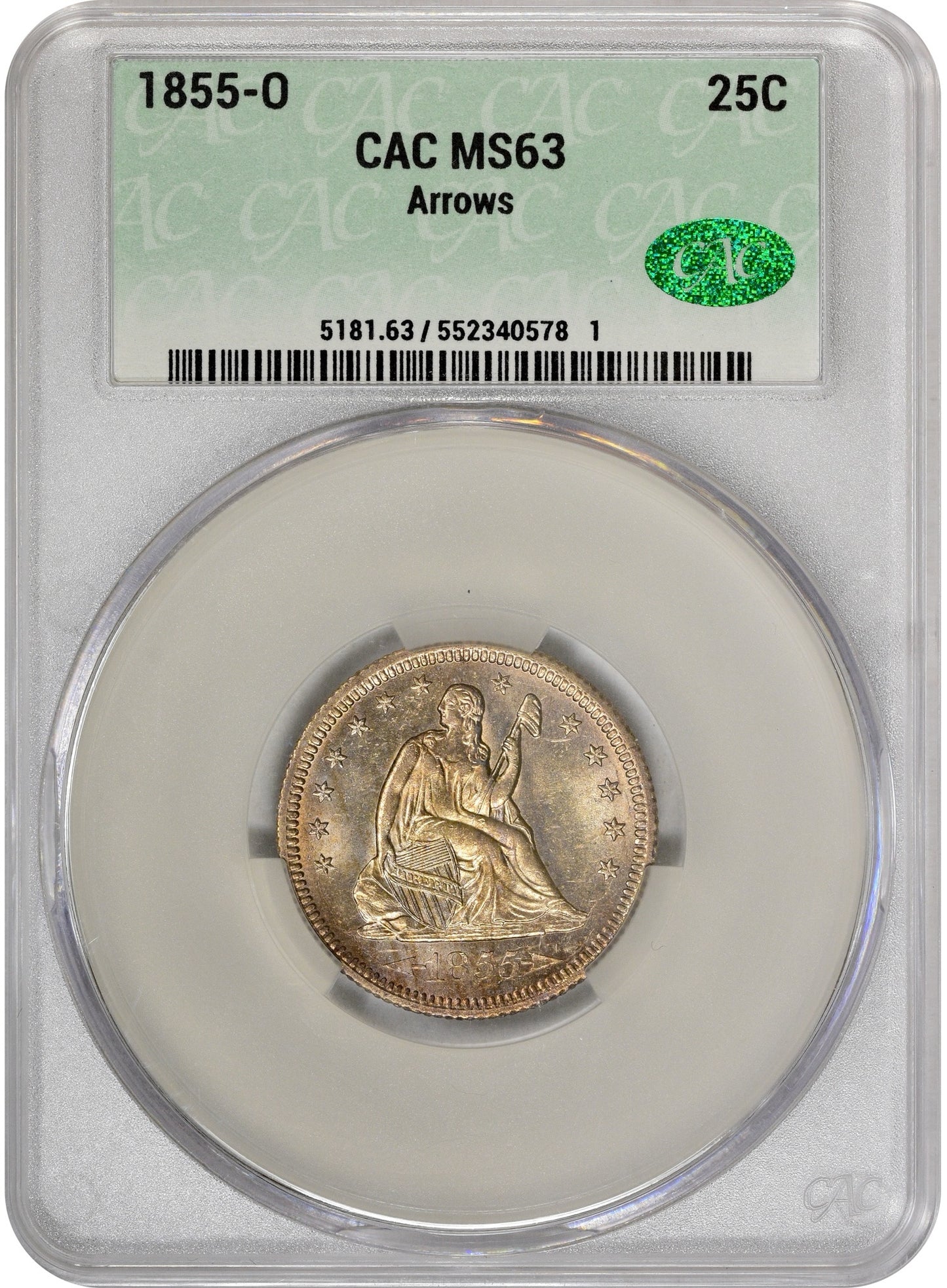 1855-O 25C MS63 CACG