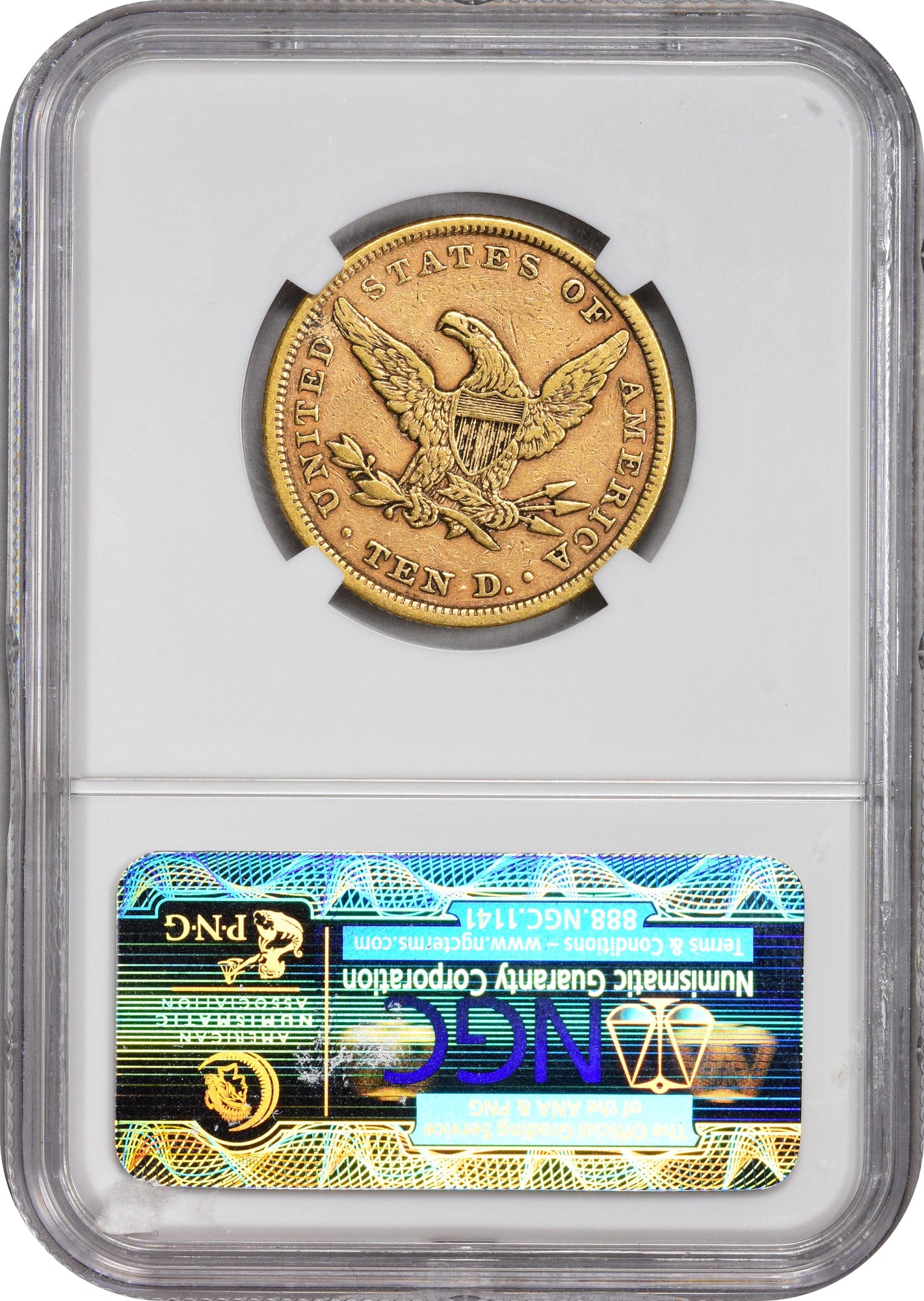 1856 $10 XF45 NGC CAC REVERSE HOLDER