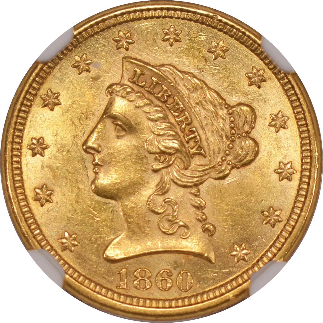 1860 $2.5 NEW REVERSE 1/2 MS62+ PCGS CAC