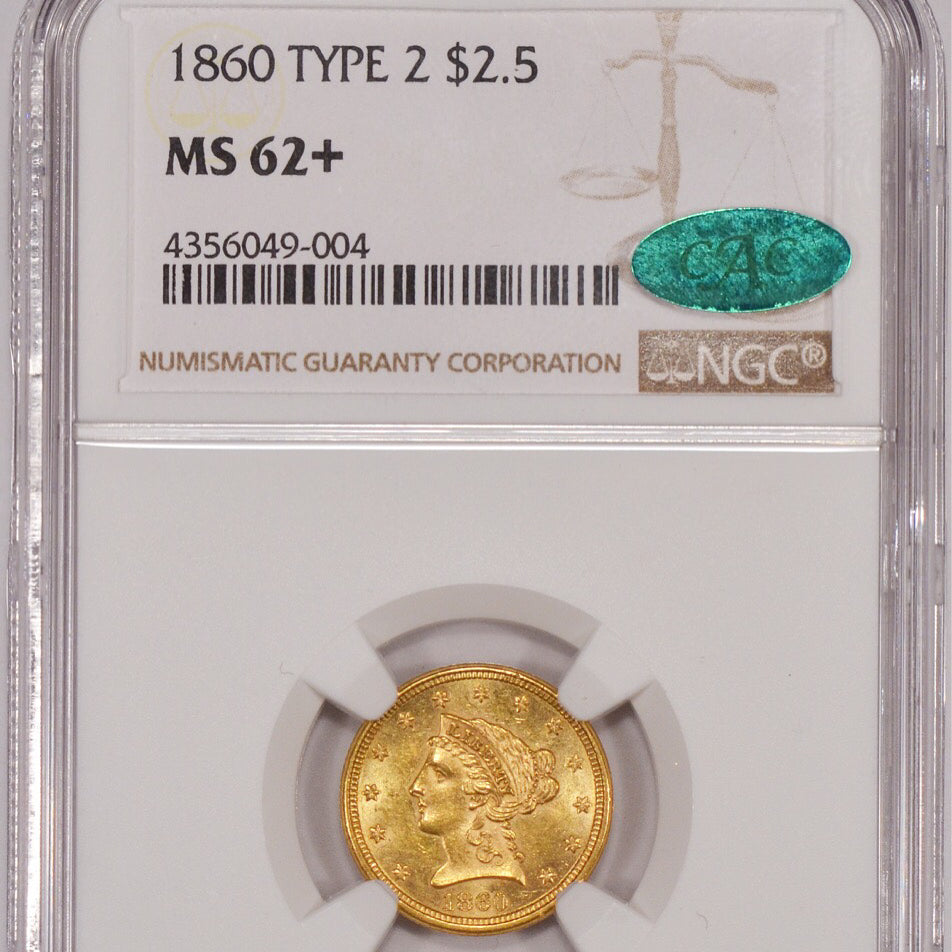 1860 $2.5 NEW REVERSE 1/2 MS62+ PCGS CAC