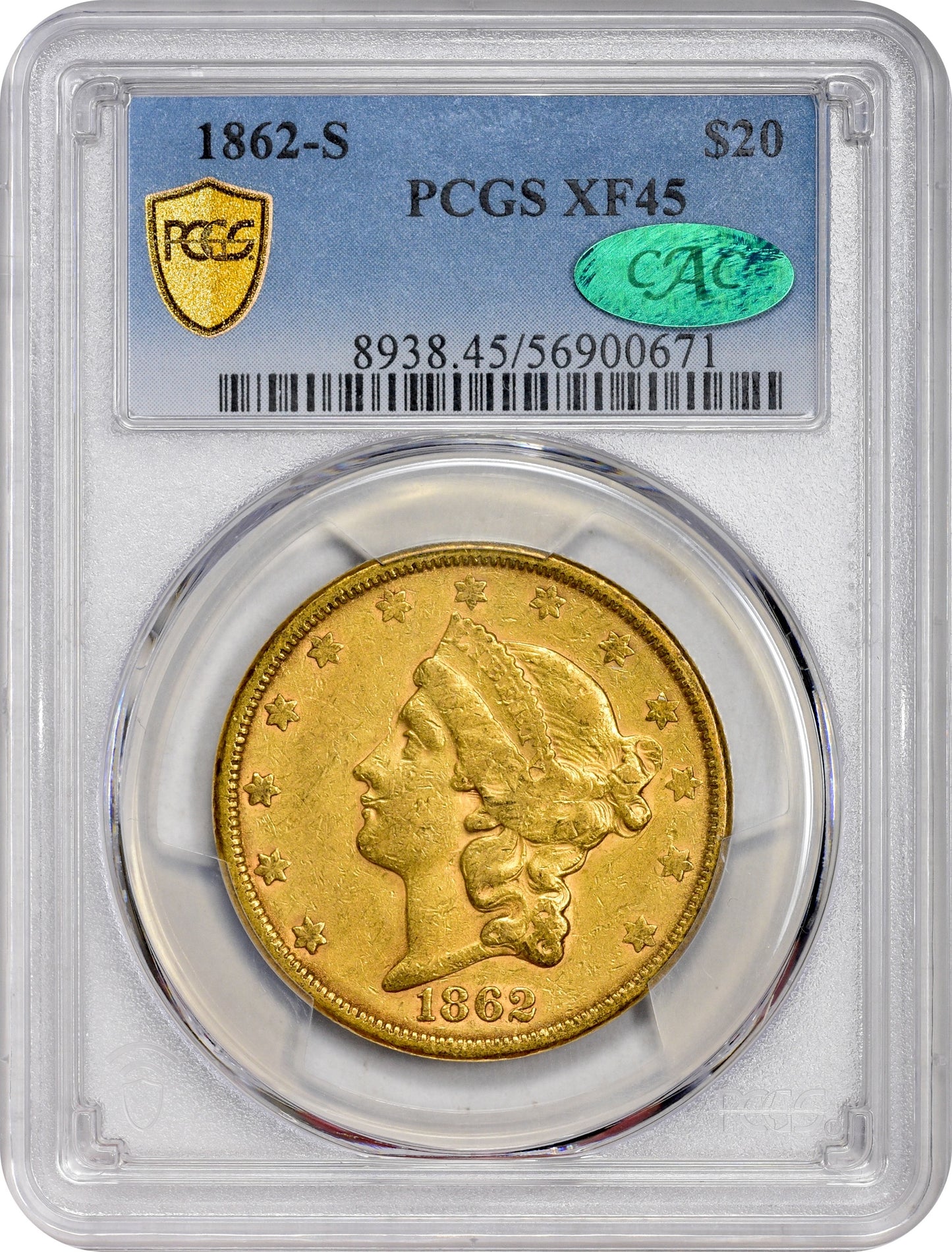 1862-S $20 XF45 PCGS CAC