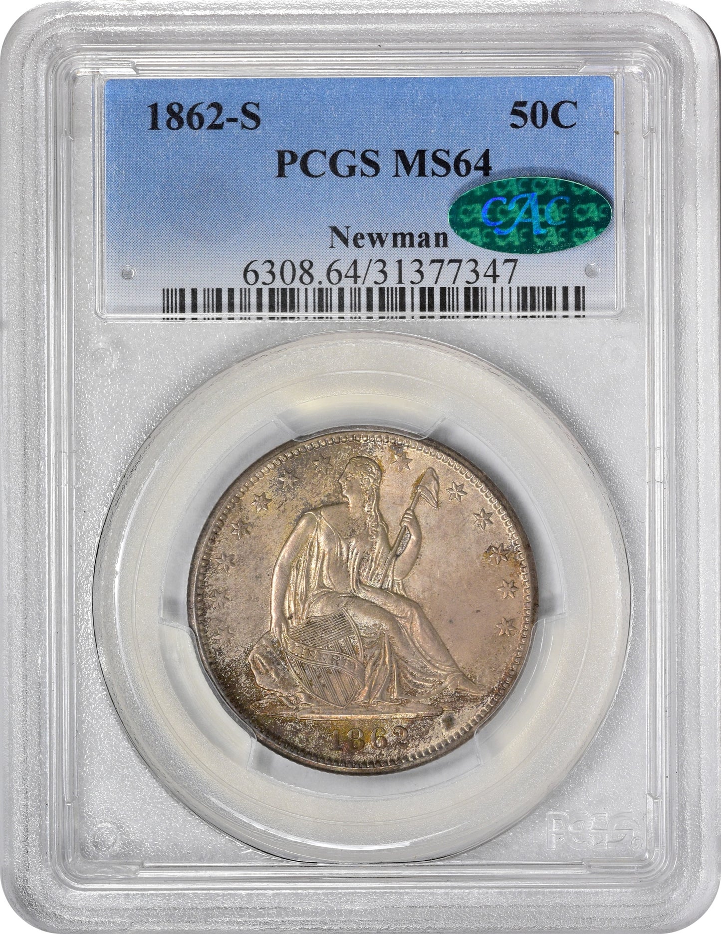 1862-S 50C MS64 PCGS CAC EX NEWMAN coin in a protective case with a PCGS MS64 grade label and CAC approval sticker.