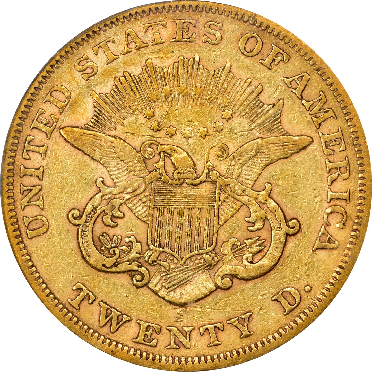 1866-S $20 NO MOTTO XF40 OGH PCGS CAC REVERSE