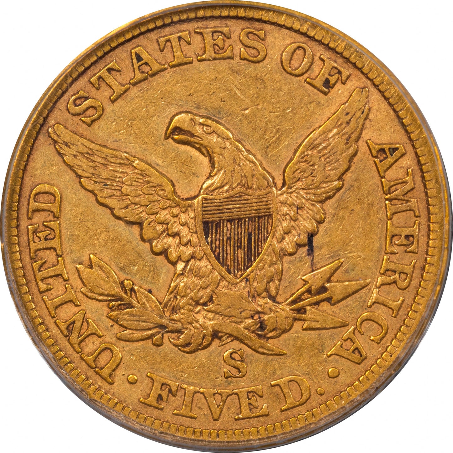1866-S $5 NO MOTTO VF30 PCGS CAC $5