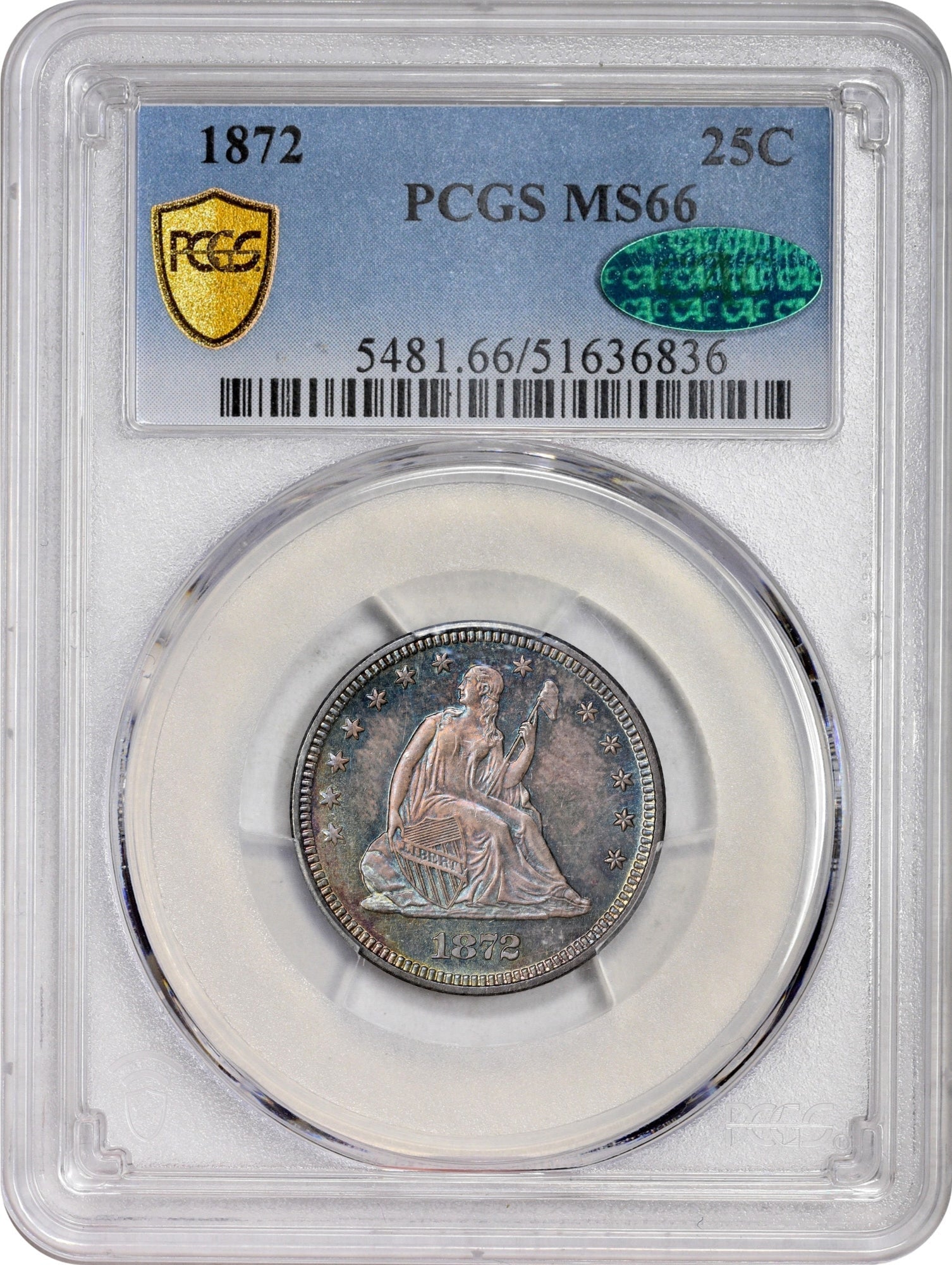 1872 25C MS66 PCGS CAC HOLDER