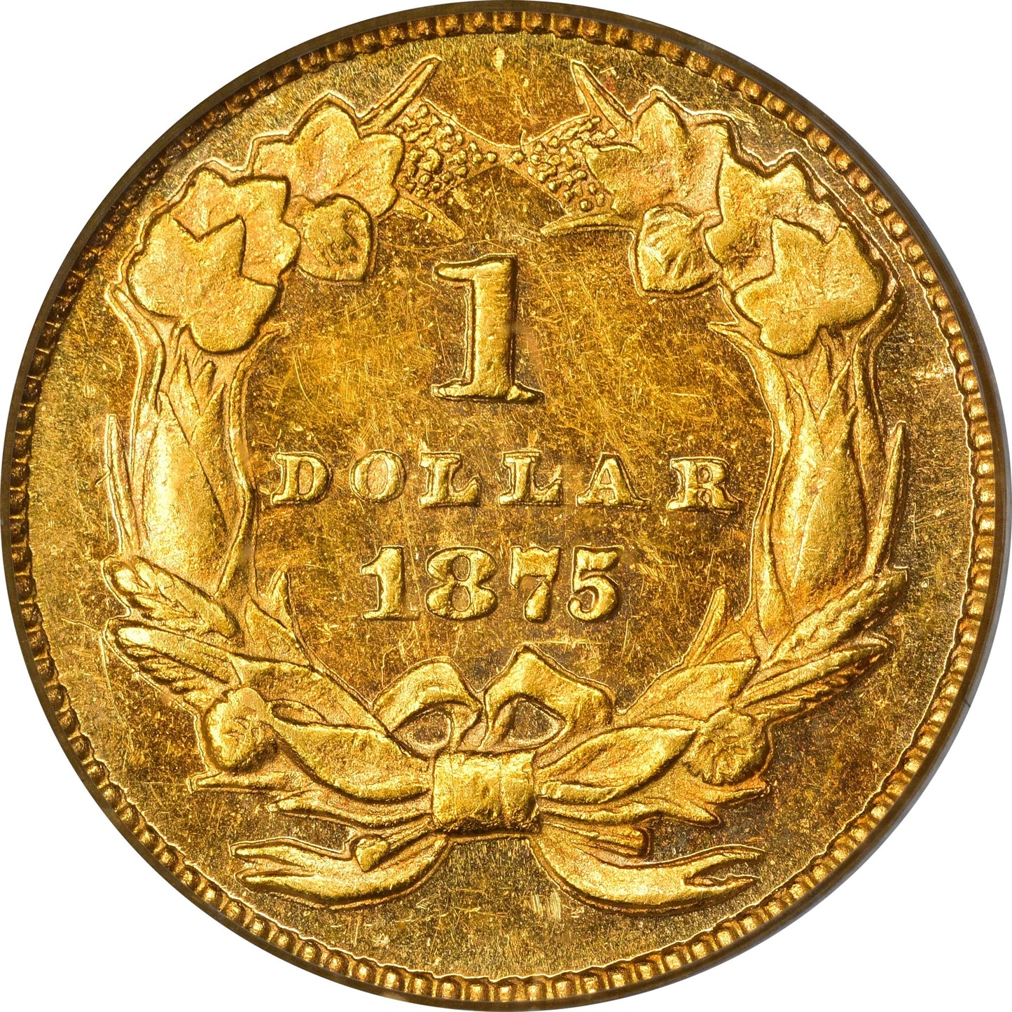 1875 G$1 MS60 OGH PCGS GOLD CAC REVERSE