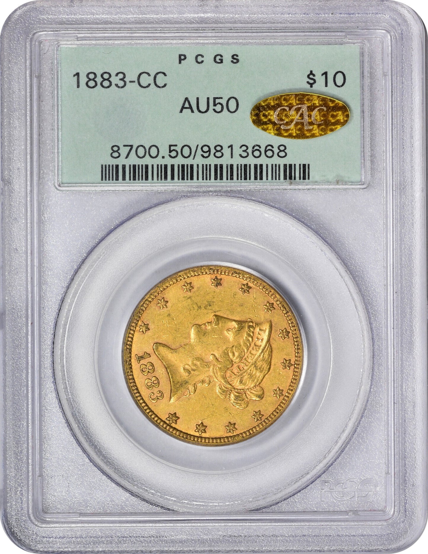1883-CC $10 AU50 OGH PCGS GOLD CAC HOLDER WITH GOLD CAC STICKER