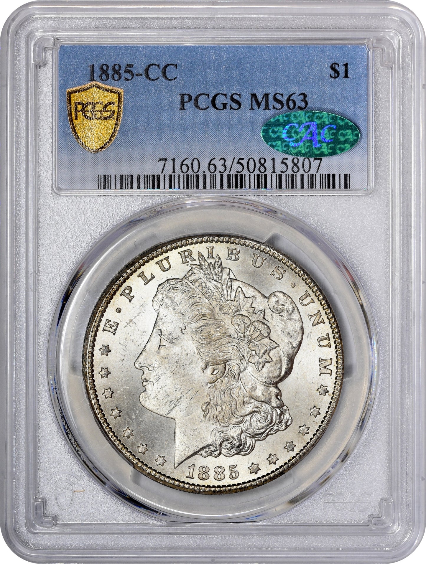 1885-CC $1 MS63 PCGS CAC HOLDER WITH CAC STICKER