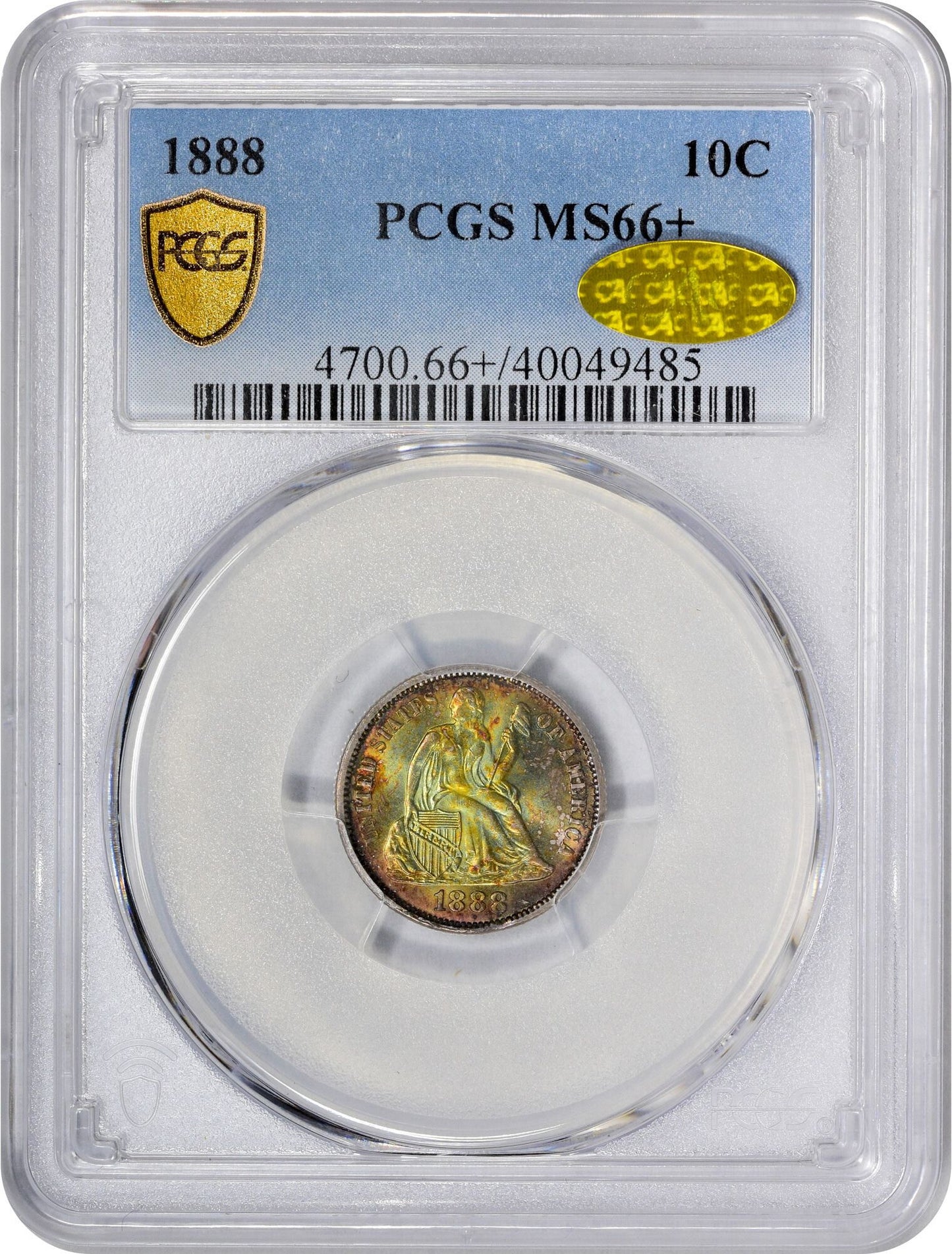 1888 10C MS66+ PCGS GOLD CAC WITH GOLD CAC STICKER