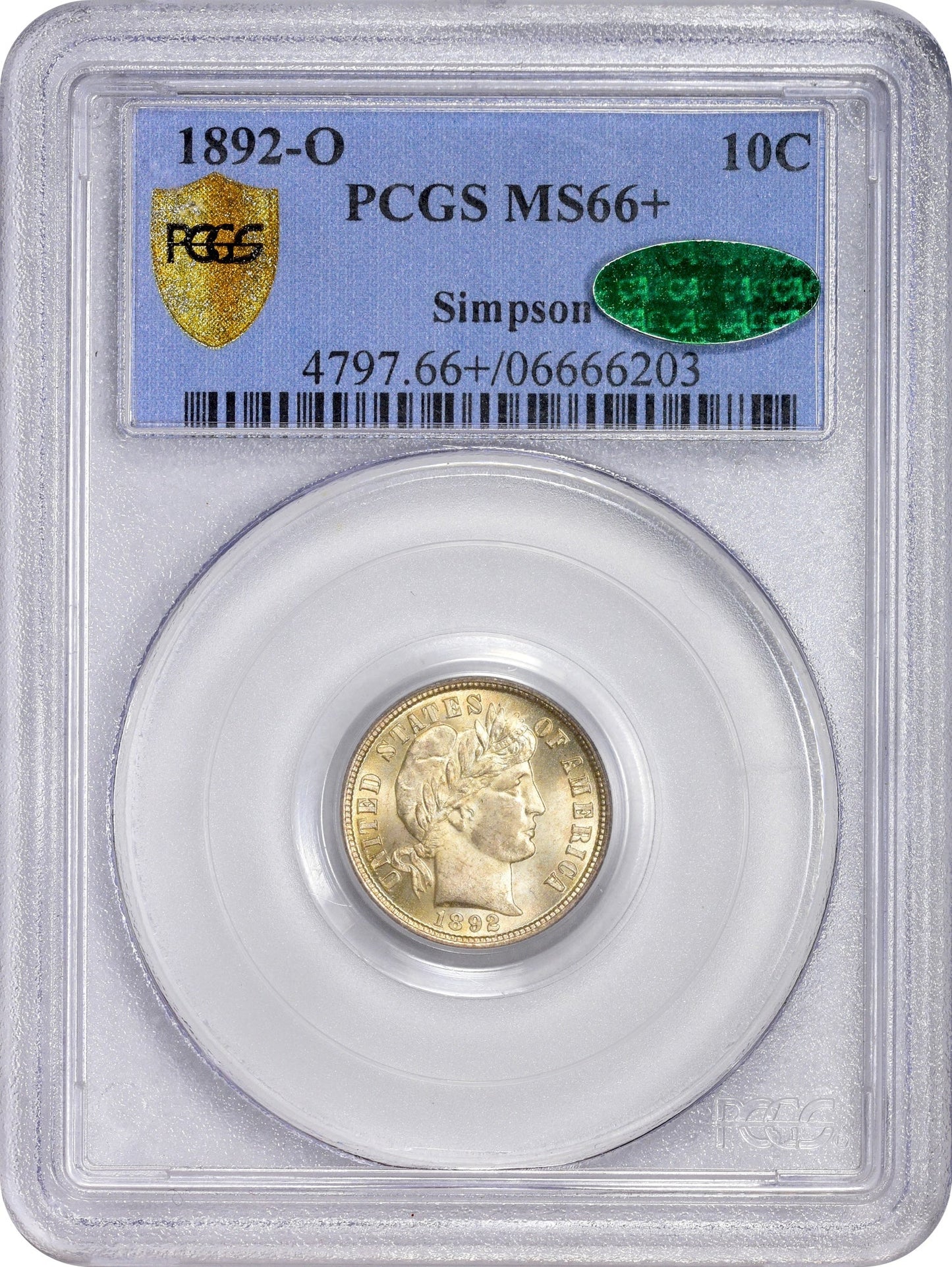 1892-O 10C MS66 + PCGS CAC EX SIMPSON 10C
