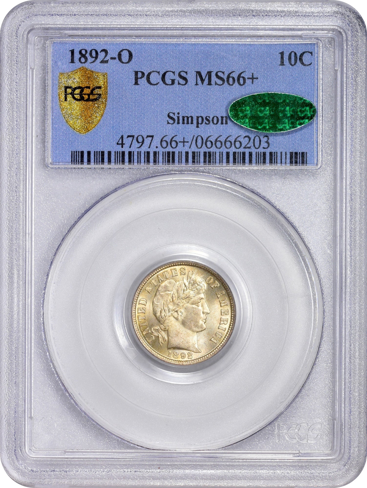 1892-O 10C MS66 + PCGS CAC EX SIMPSON 10C