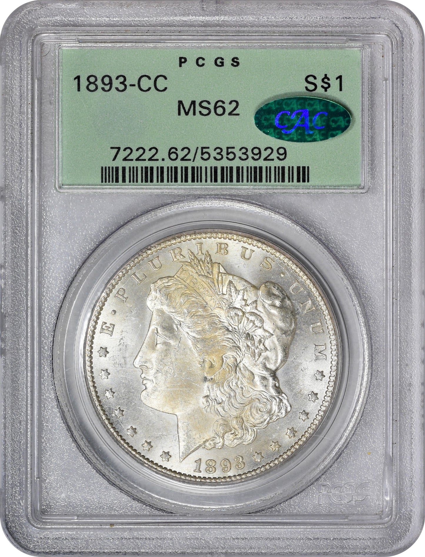 1893-CC $1 MS62 OGH PCGS CAC HOLDER WITH CAC GREEN STICKER