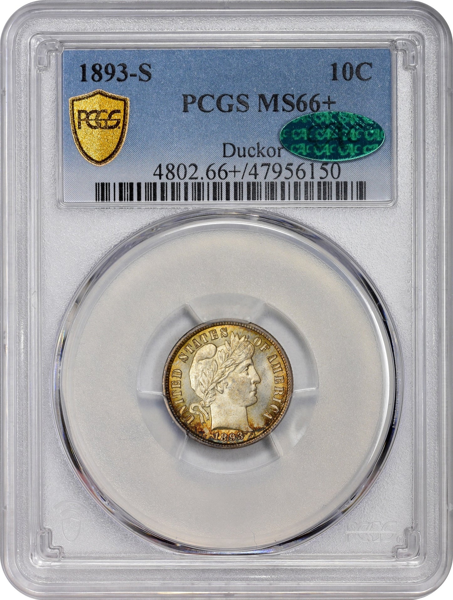 1893-S 10C MS66 + PCGS CAC EX DUCKOR