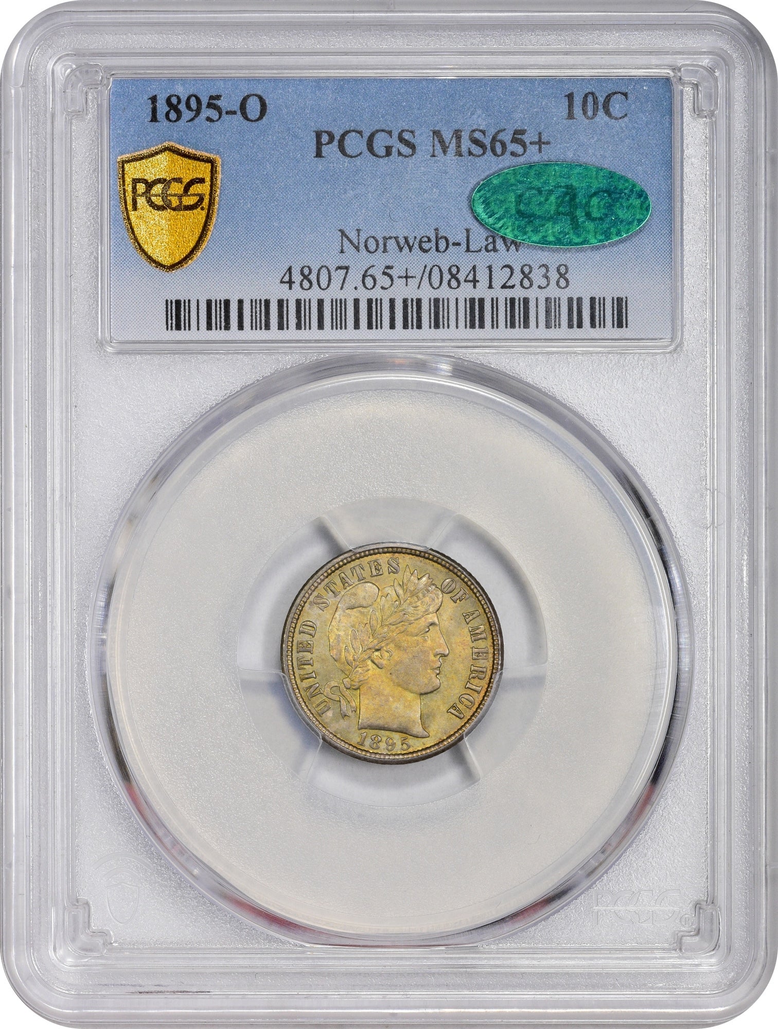 1895-O 10C MS65+ PCGS CAC EX NORWEB-LAW