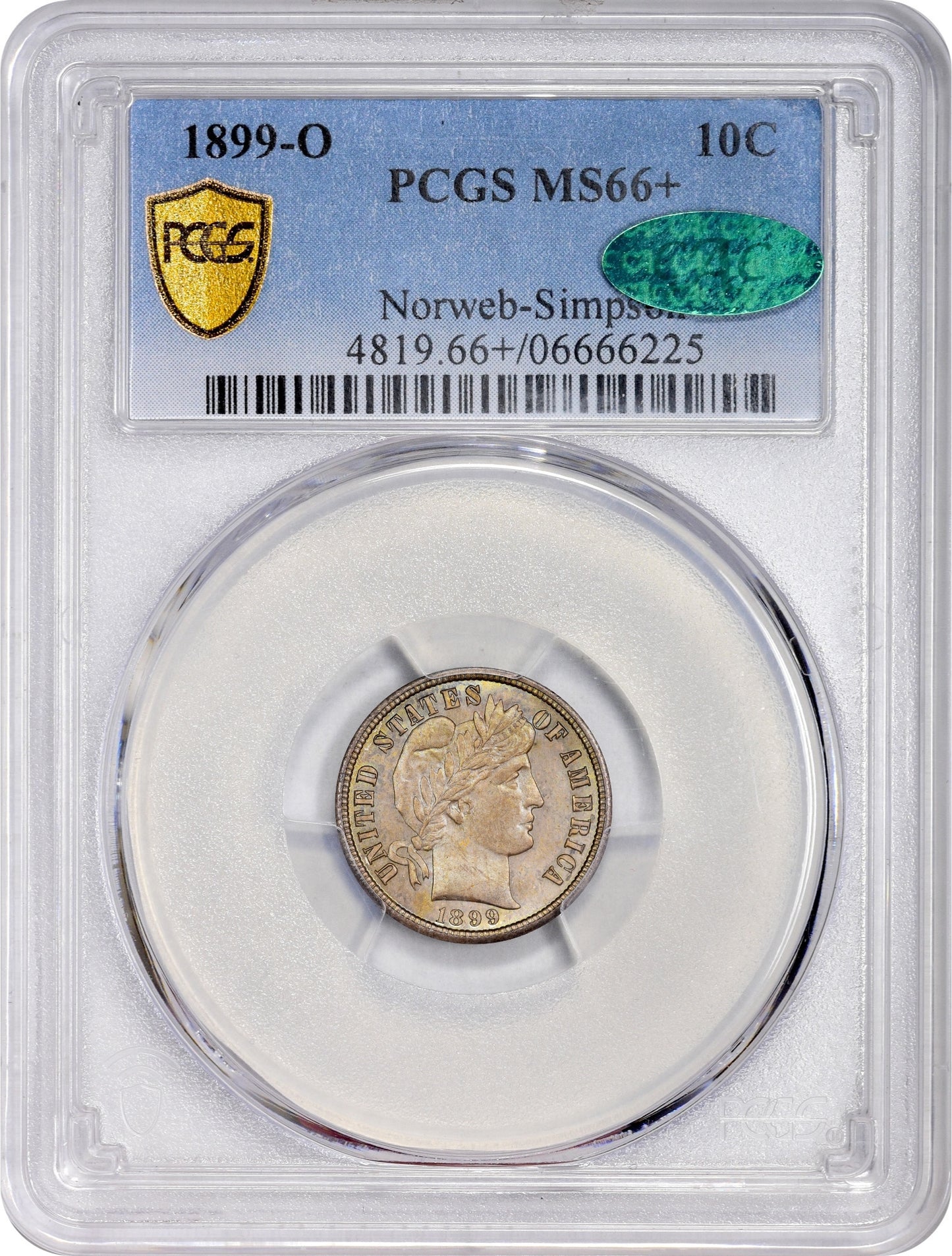 1899-O 10C MS66+ PCGS CAC EX NORWEB-SIMPSON
