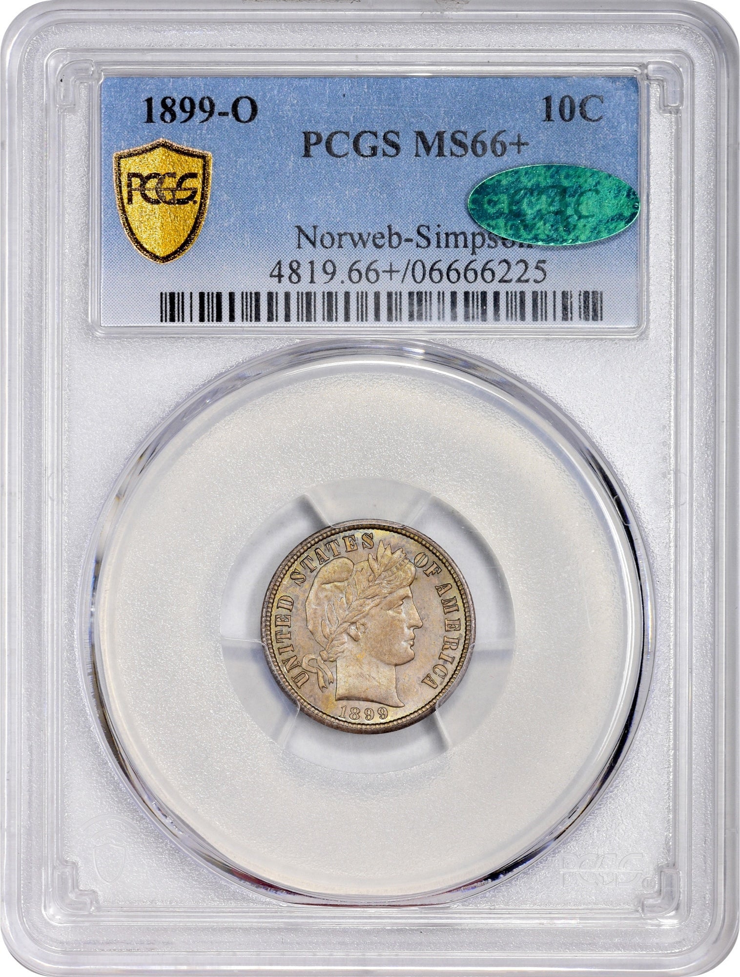 1899-O 10C MS66+ PCGS CAC EX NORWEB-SIMPSON