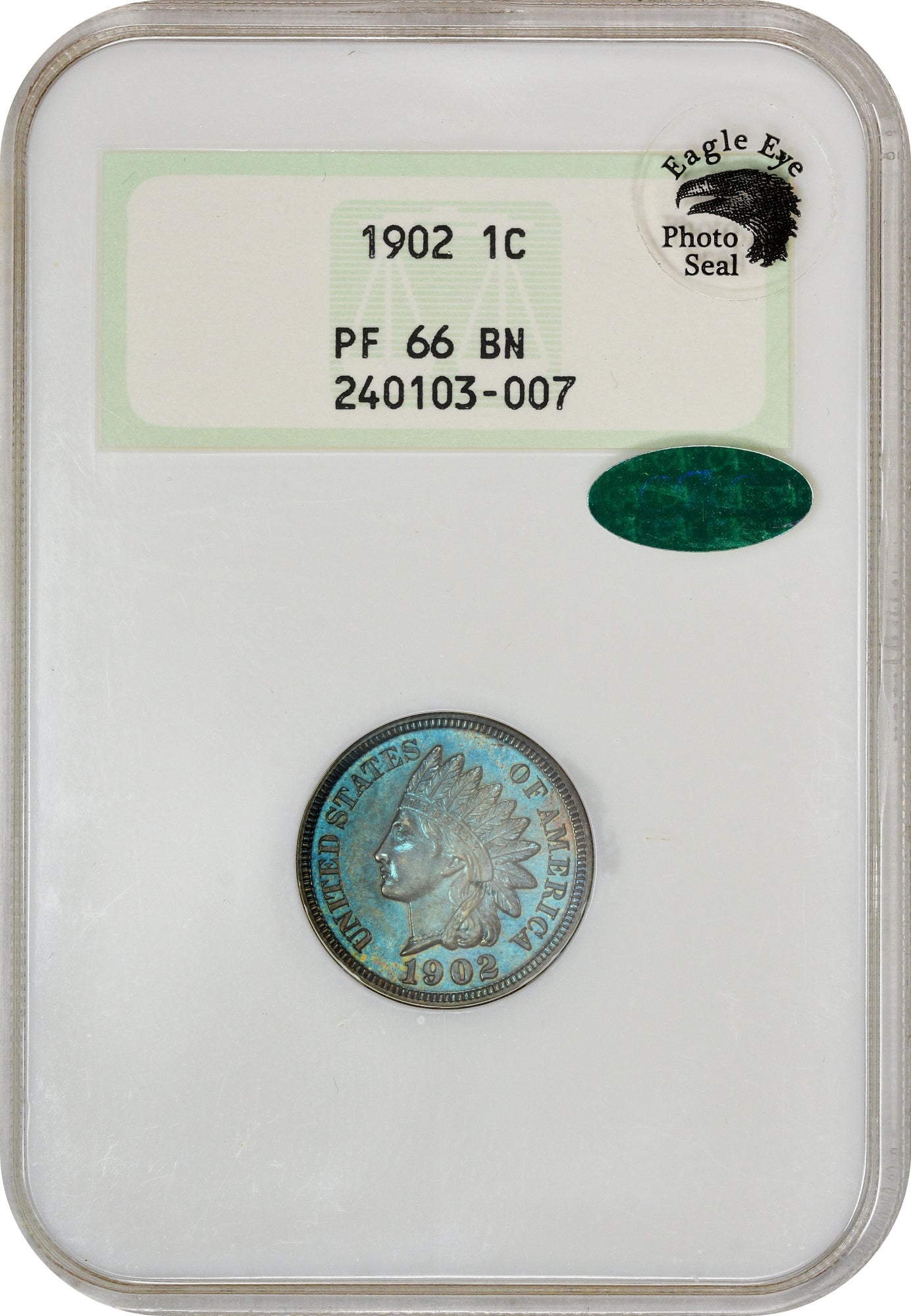1902 1C PR66 BN NGC OH CAC EEPS HOLDER WITH CAC AND EAGLE EYE PHOTO SEAL STICKER